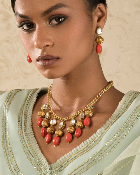 Beaded Bauble Orange Kundan, Coral Beads Necklace And Earrings Set.