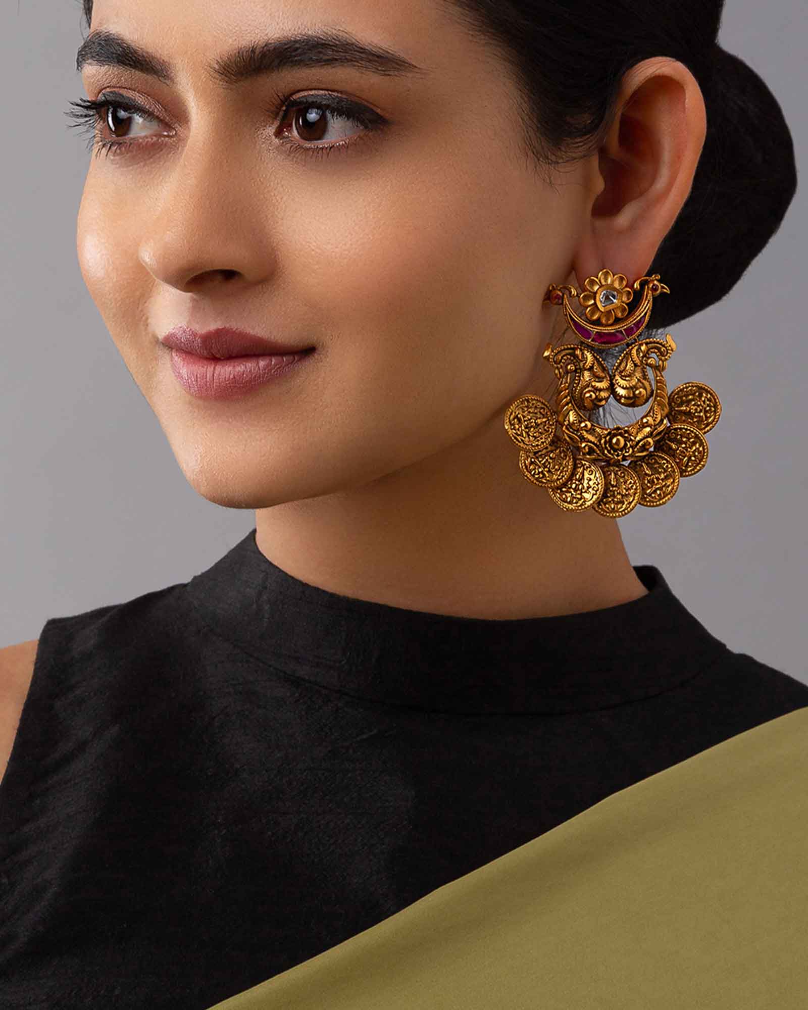 Deluxe Gold-Plated Carved Temple Earring With Hydro Rubies