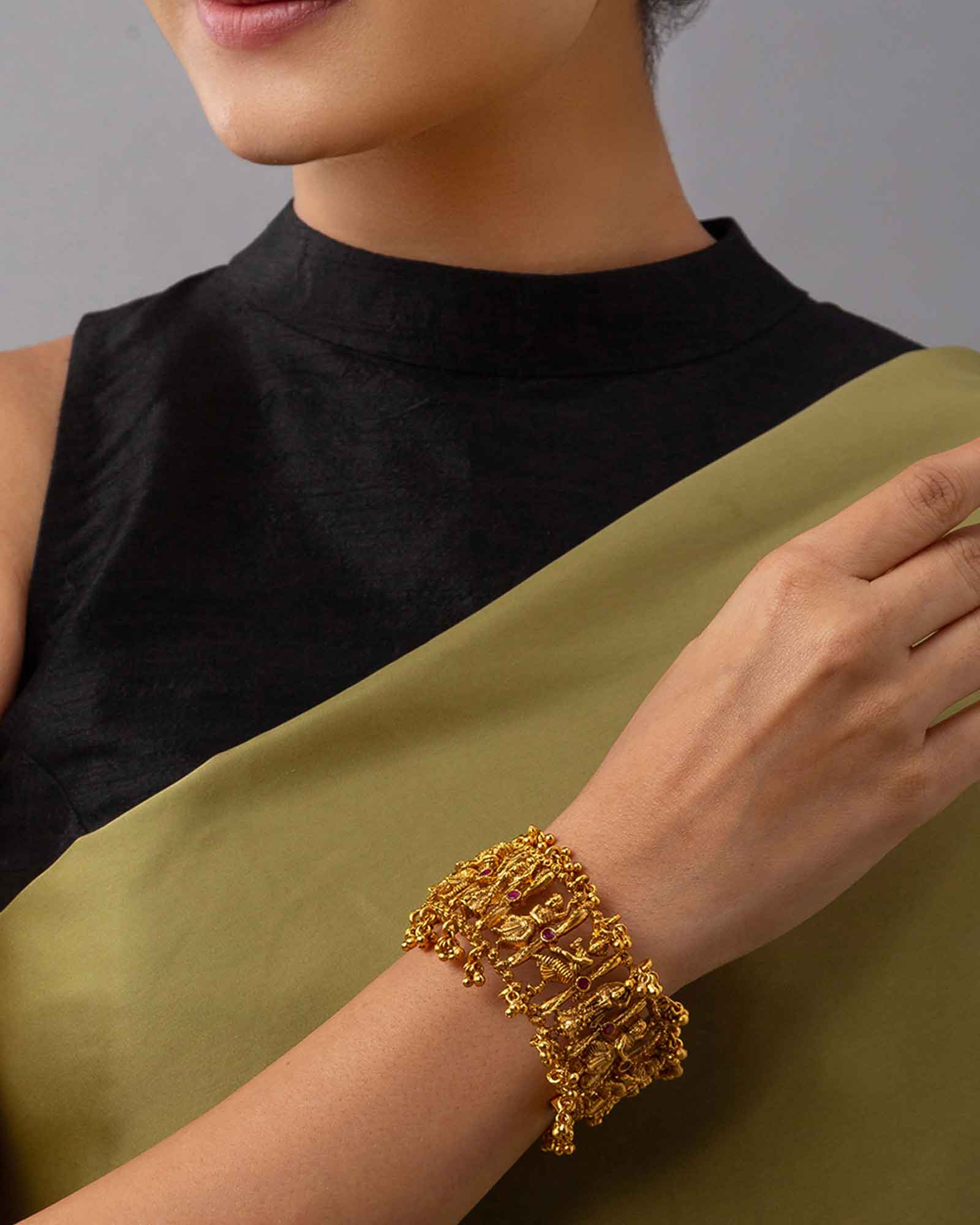 Stunning Gold-Plated, Hand-Carved Bangles With Red Hydro Rubies