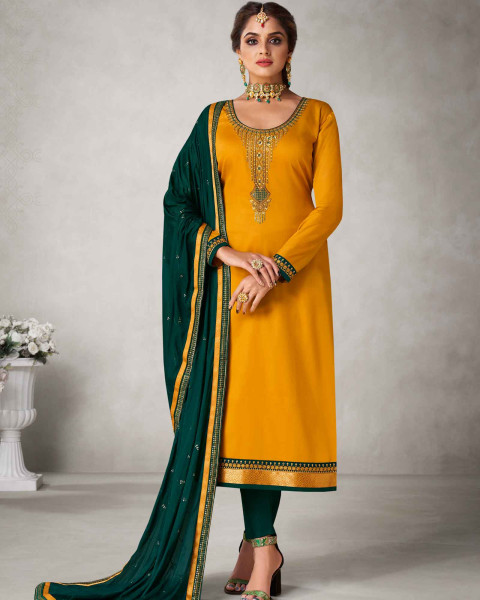 Mustard yellow paneled dress with forest green dupatta- set of two by Desi  Doree | The Secret Label