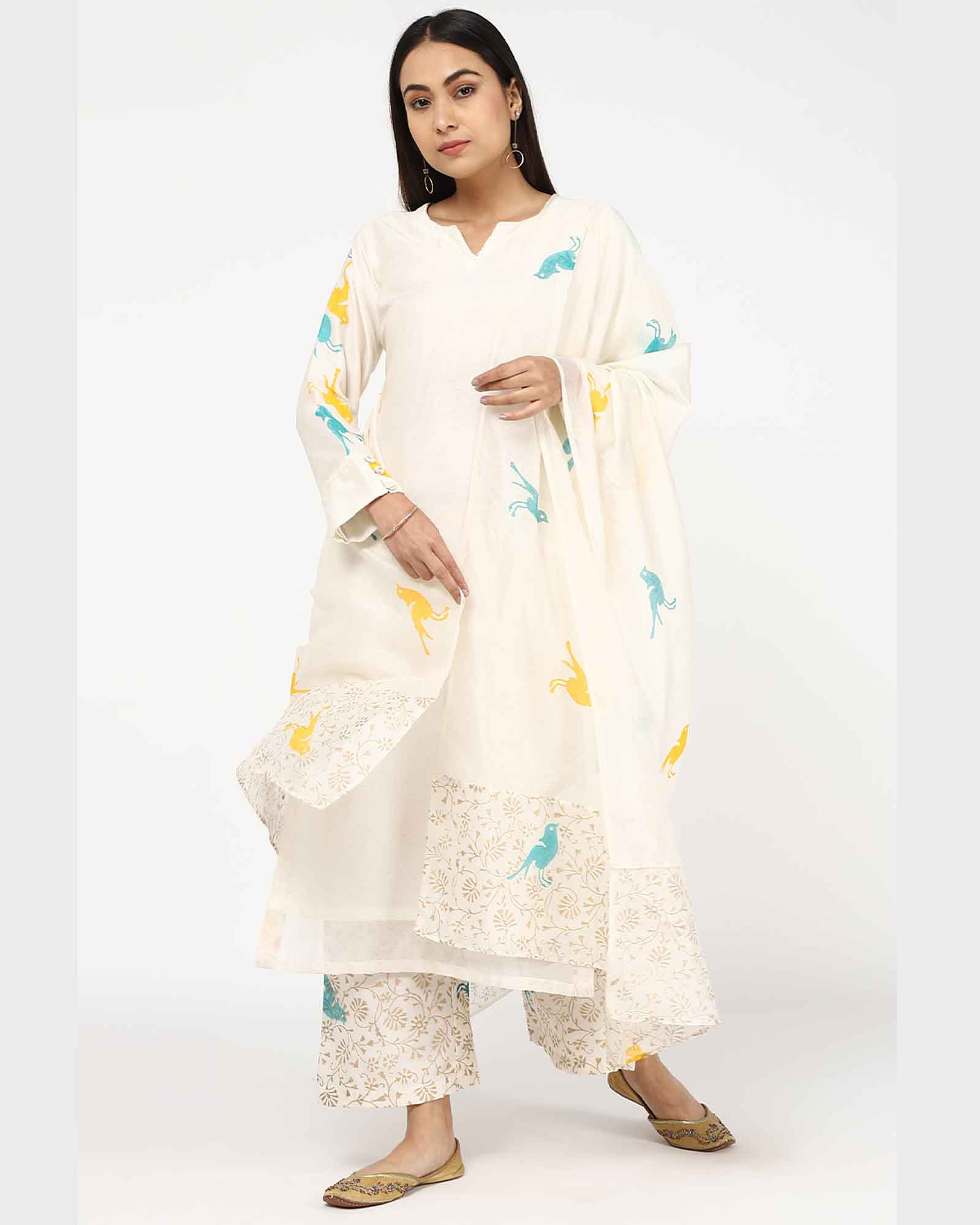 White Block Printed Faiza Palazzo Suit Set