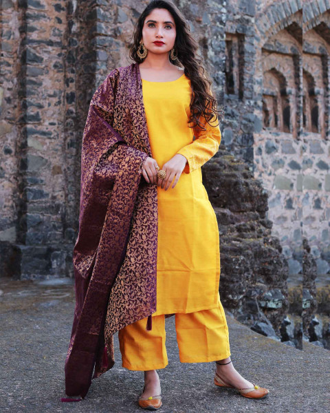 Shaily Women Yellow Color Cotton Embroidered With Pearl Unstitched Dress  Material-VF_BJP_YELW_DM