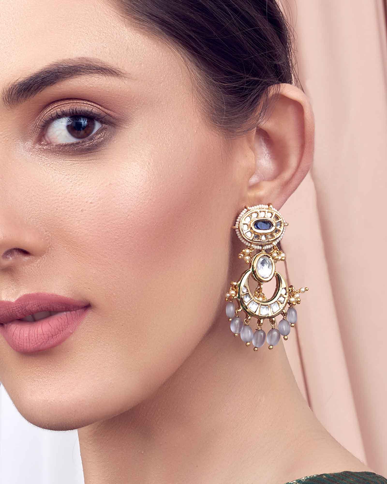 Grey Gold Tone Kundan Earrings 