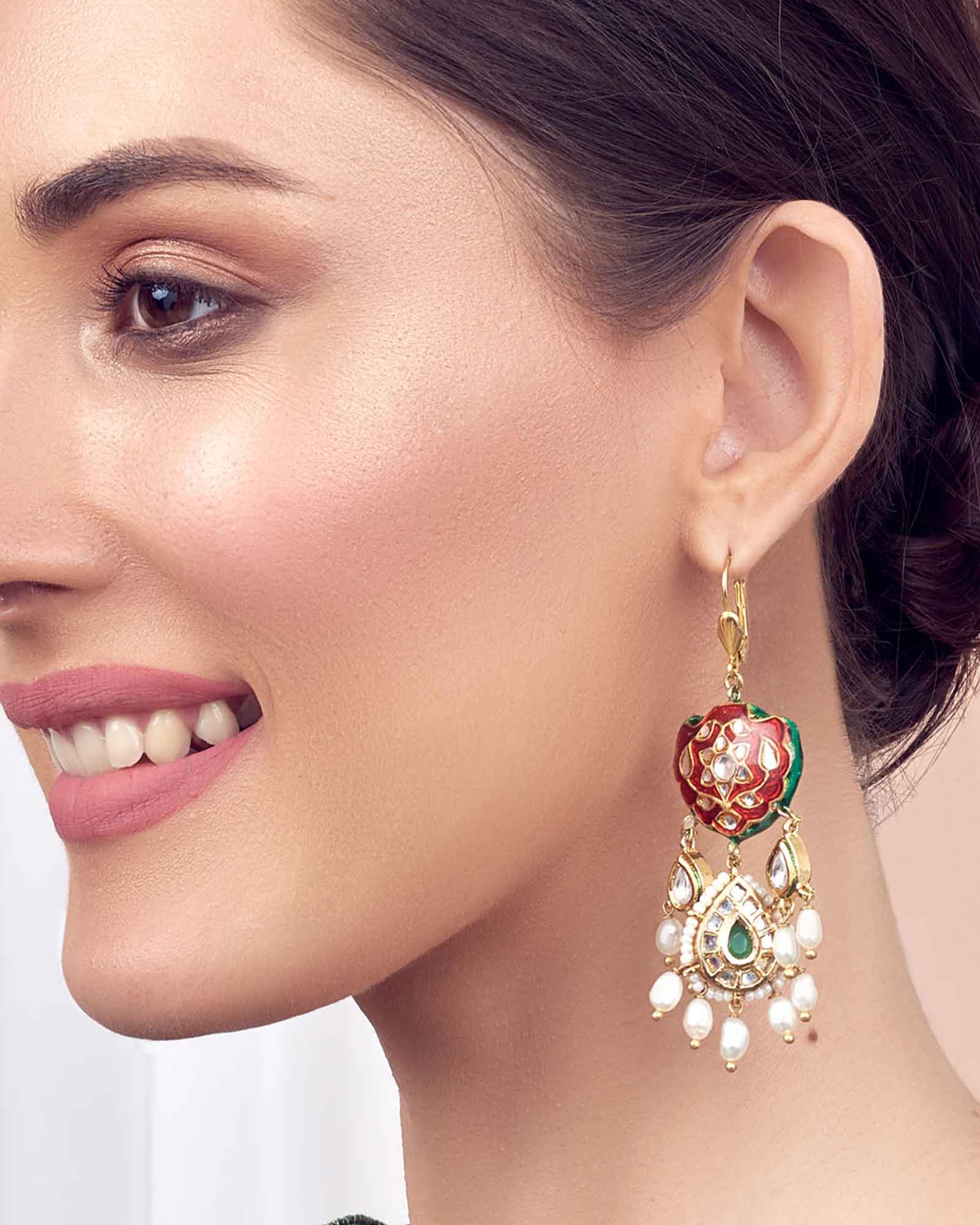 Red and Gold Tone Meenakari Kundan Earrings 