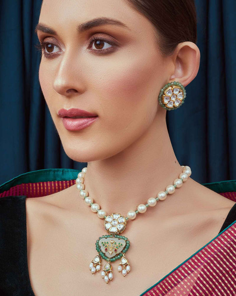 Green and White Pearl Kundan Necklace Set