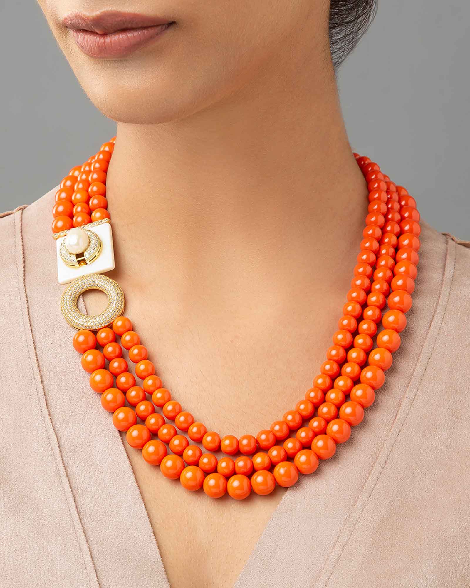 Orange Layered Necklace With Shell Pearls