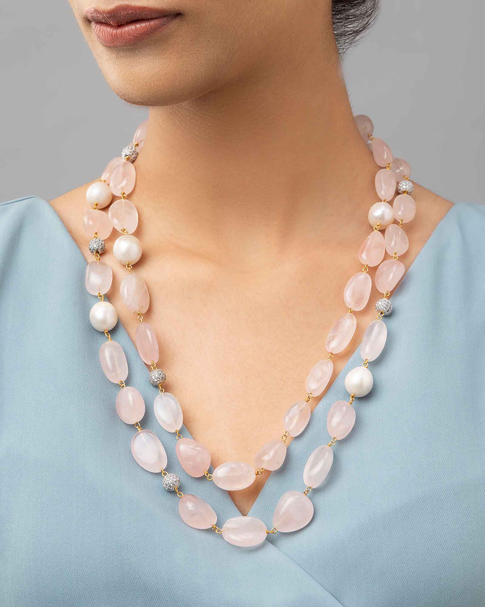 Pink Rose Quartz Tumbles And Baroque Pearls And Crystals