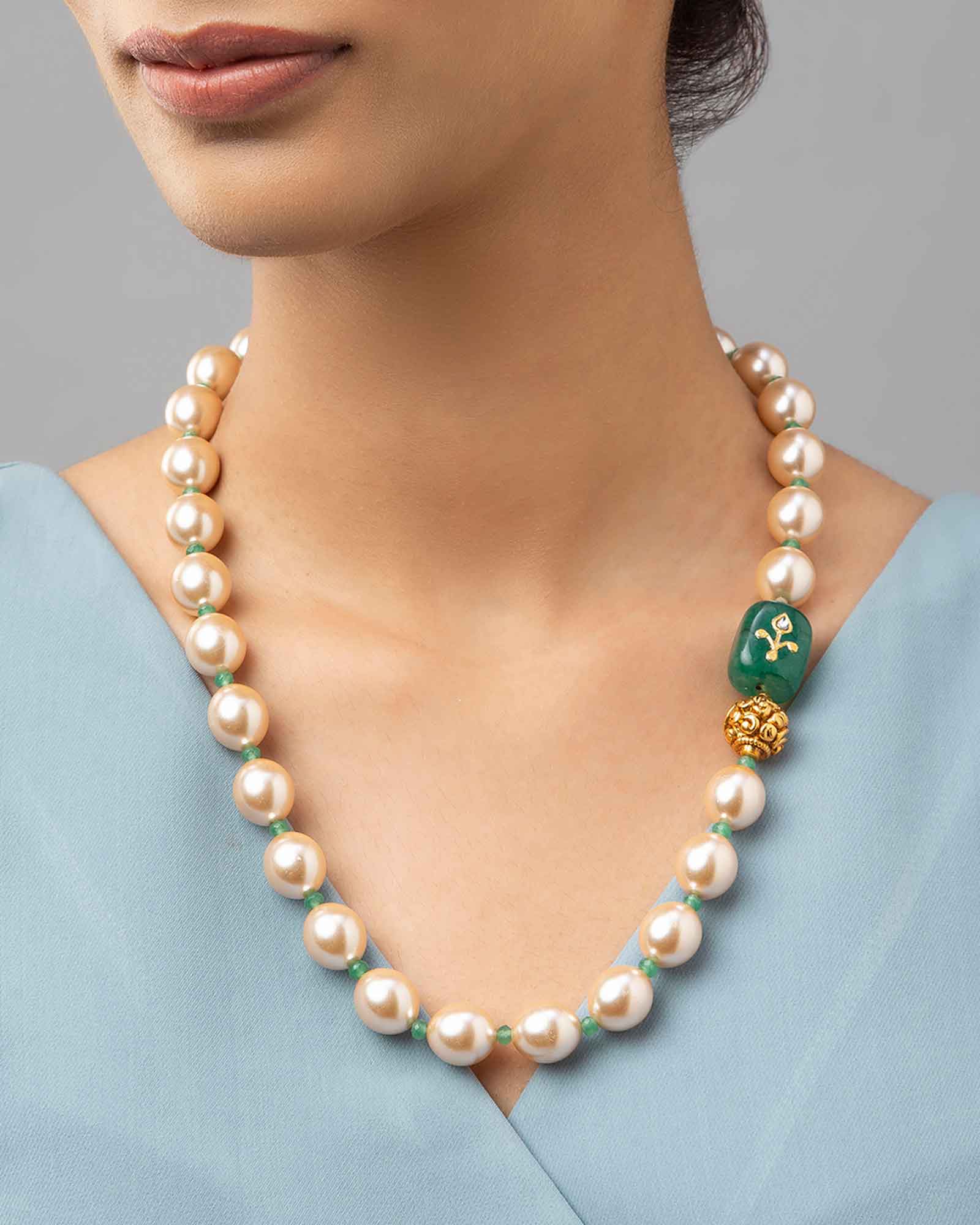 Gold Plated Beads With Green Onyx Tumbles And Shell Pearl Agate