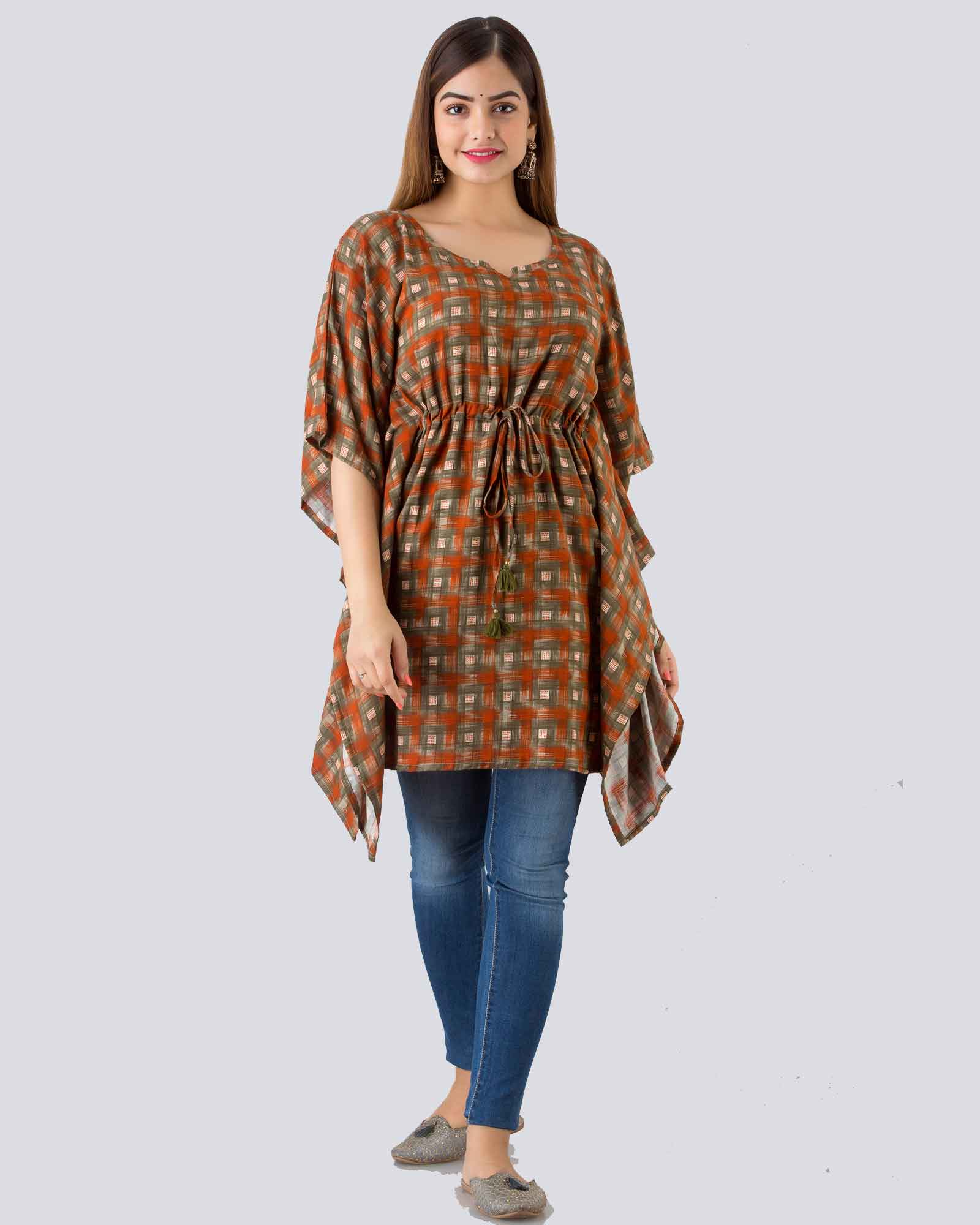 Brown Printed Cotton Kaftan Top