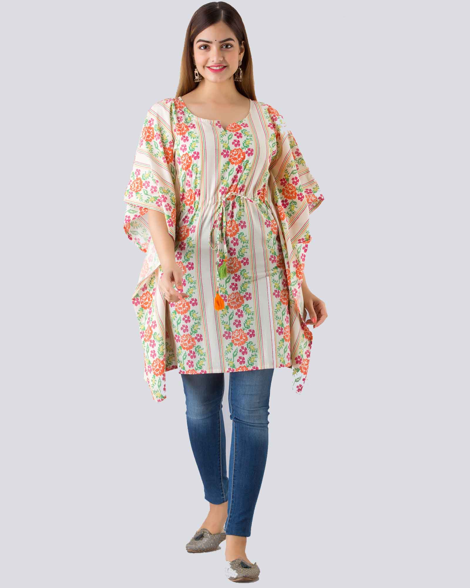 Floral Printed White Cotton Kaftan Top