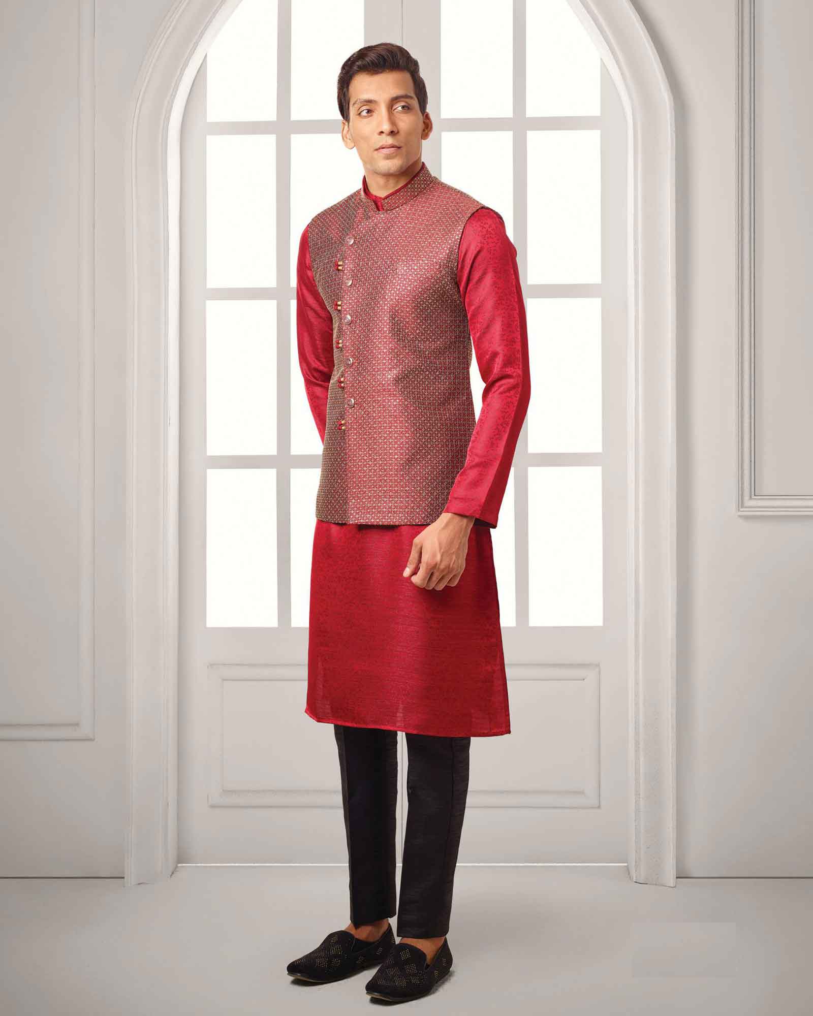 Foil Printed Dupion Silk Kurta Jacket Set in White and Red