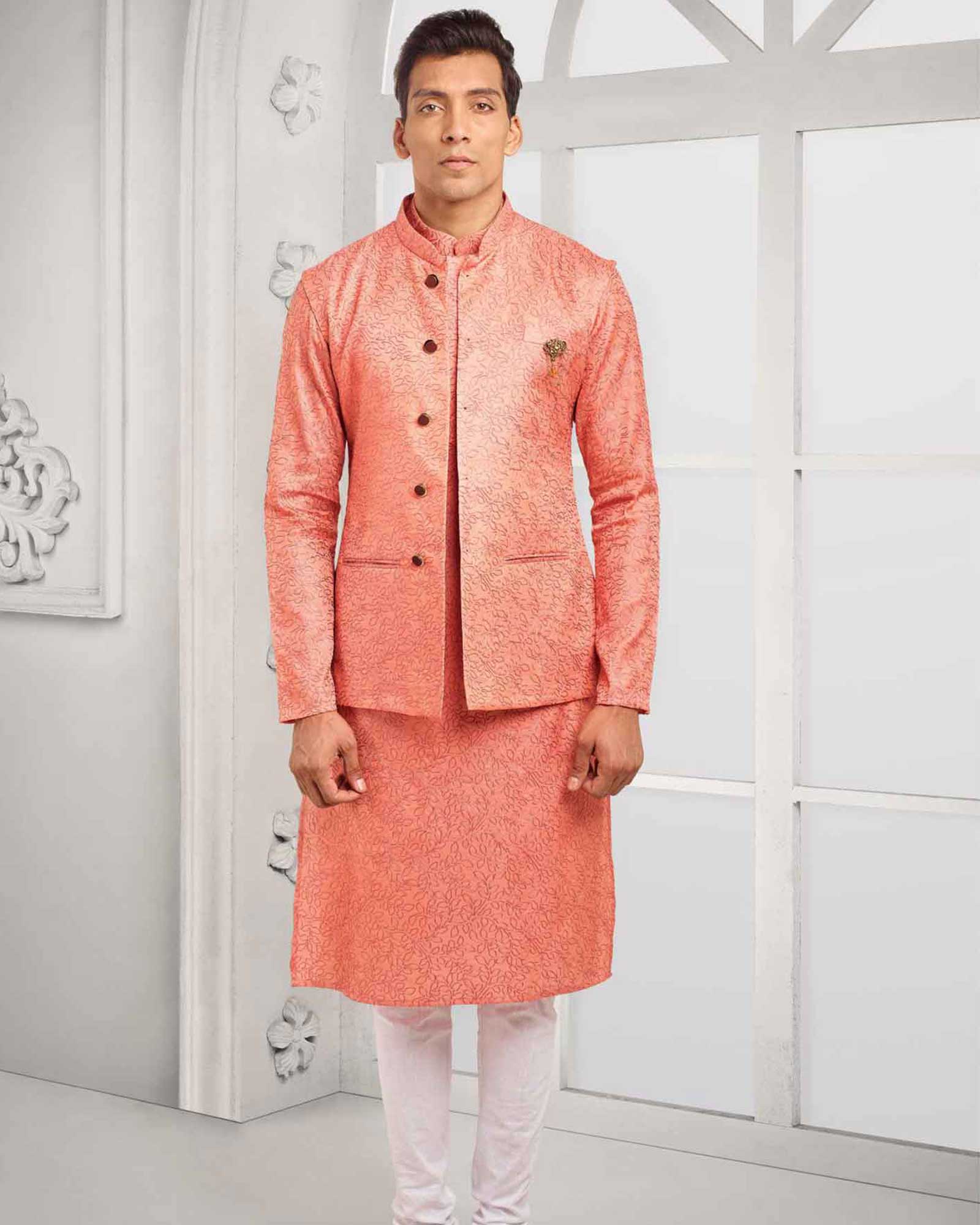 Buy Peach Mirror Party Kurta Payjama With Jacket : 216305 -