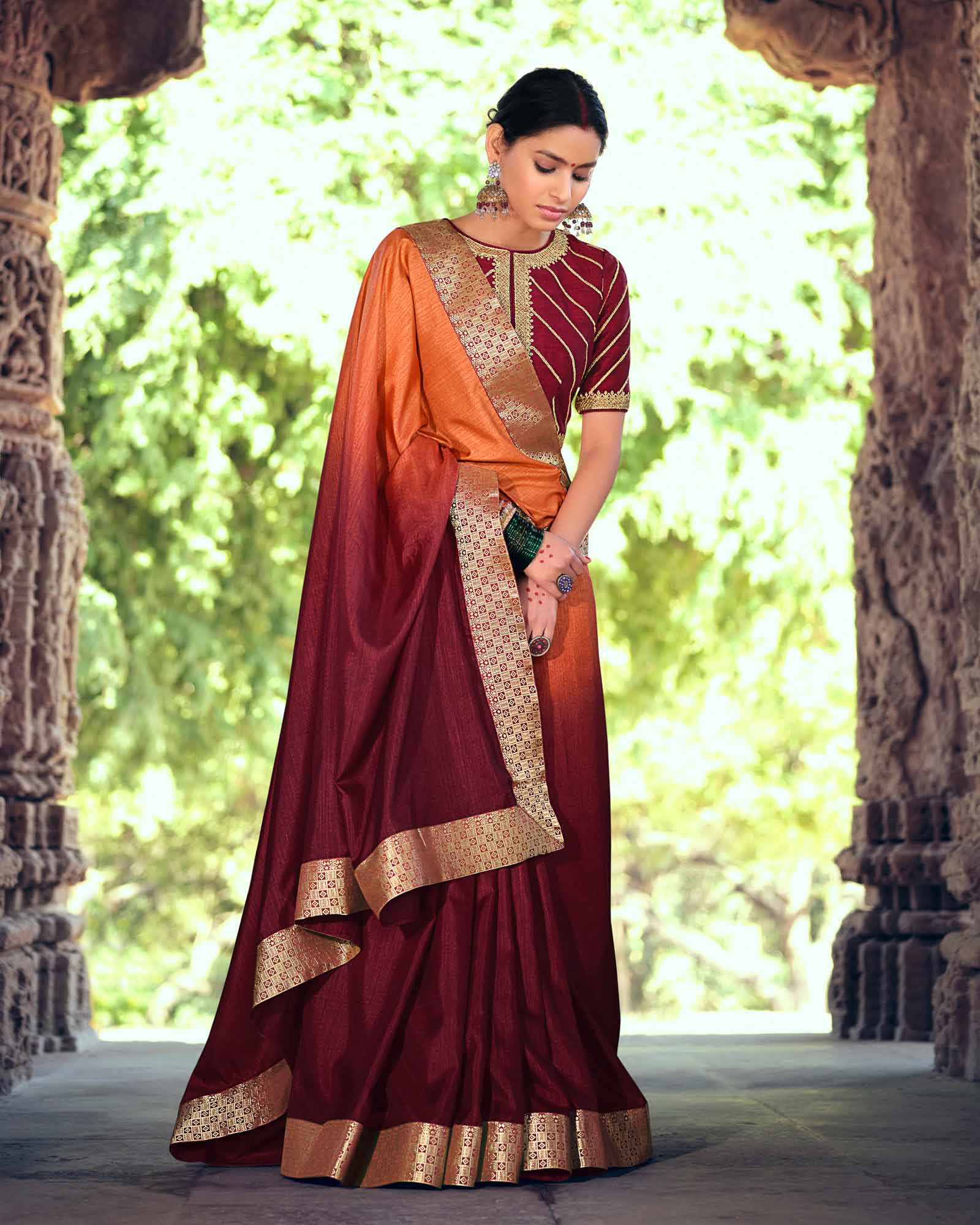 Wine And Peach Vichitra Silk with Jacquard Border Saree