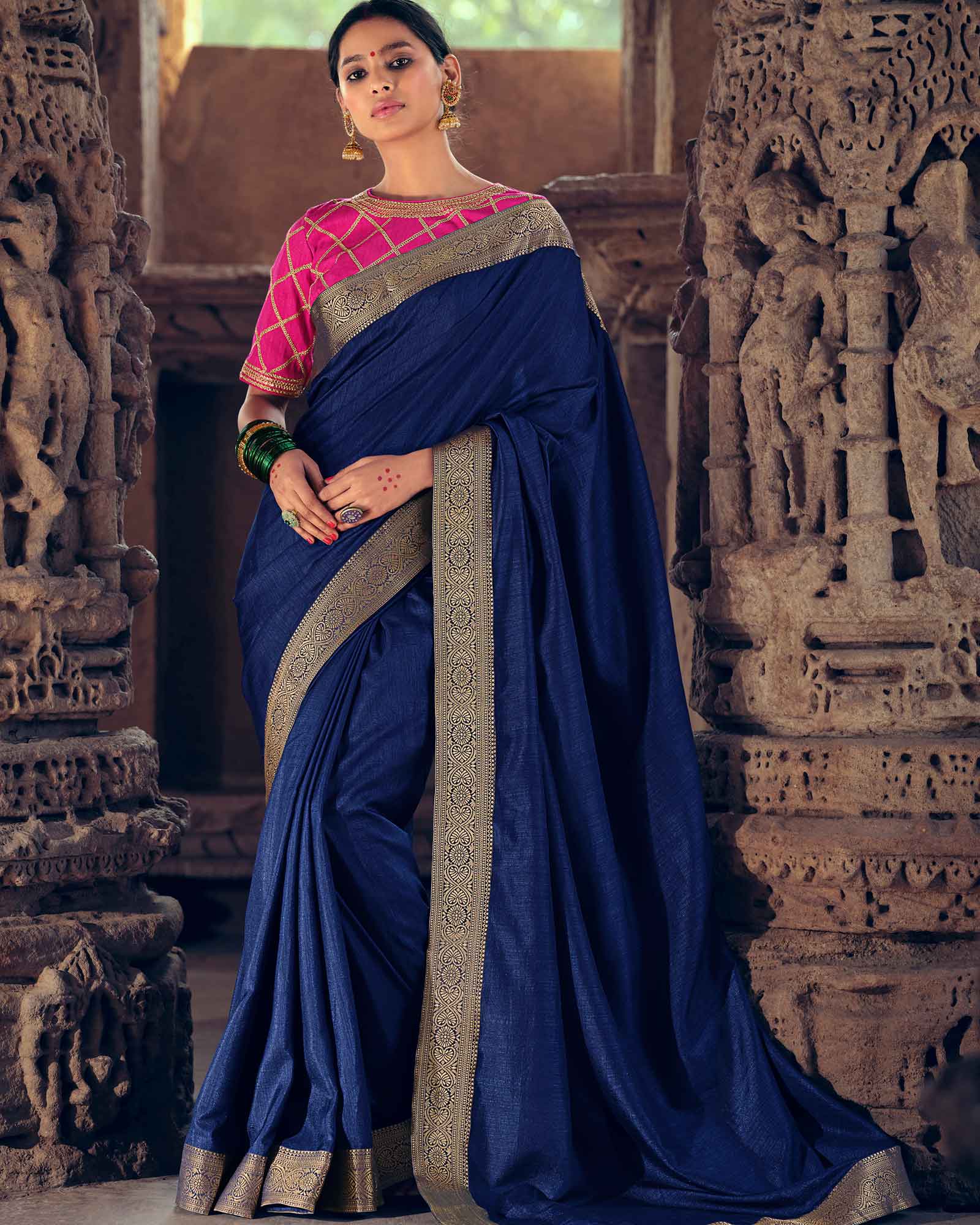 Navy Blue Vichitra Silk with Jacquard Border Saree