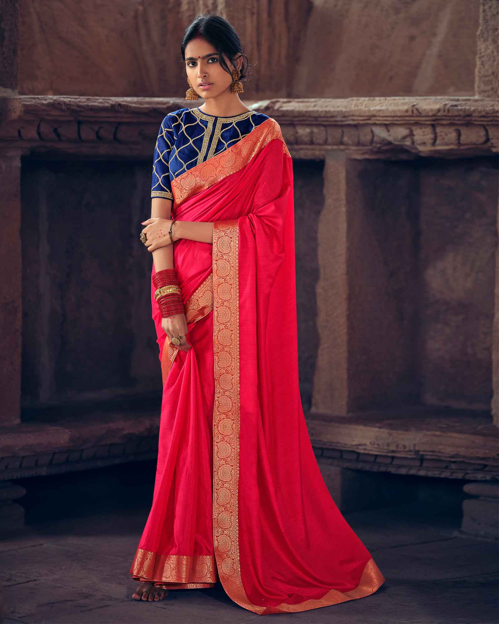 Dark Pink Vichitra Silk with Jacquard Border Saree