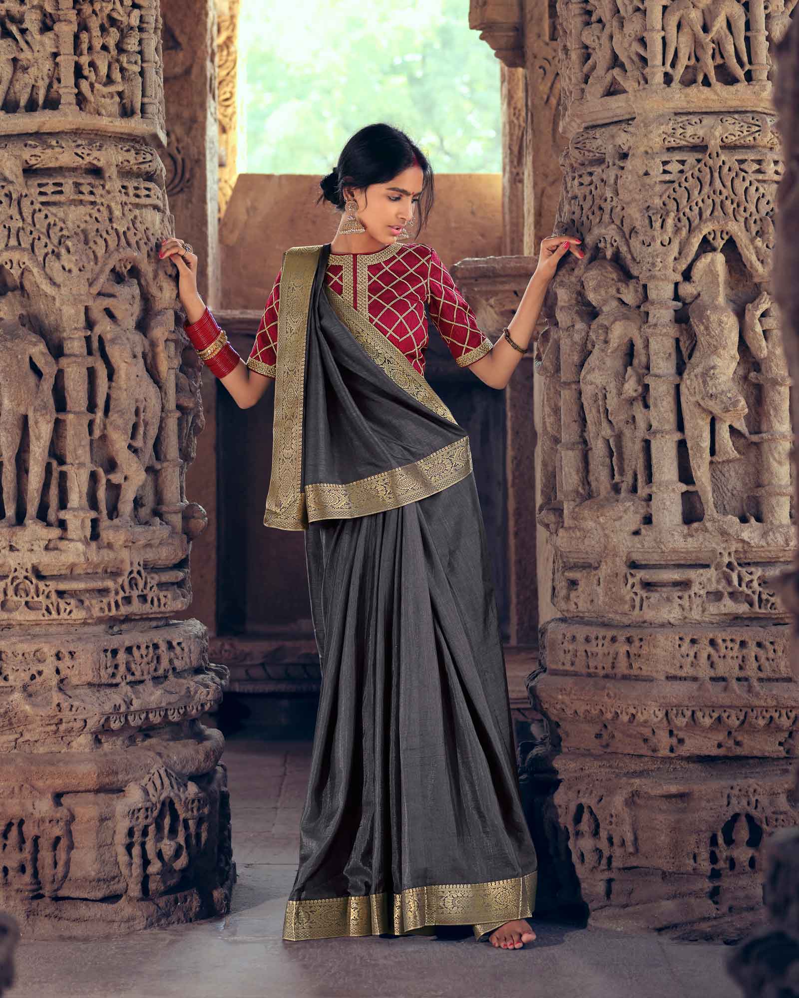 Grey Vichitra Silk with Jacquard Border Saree