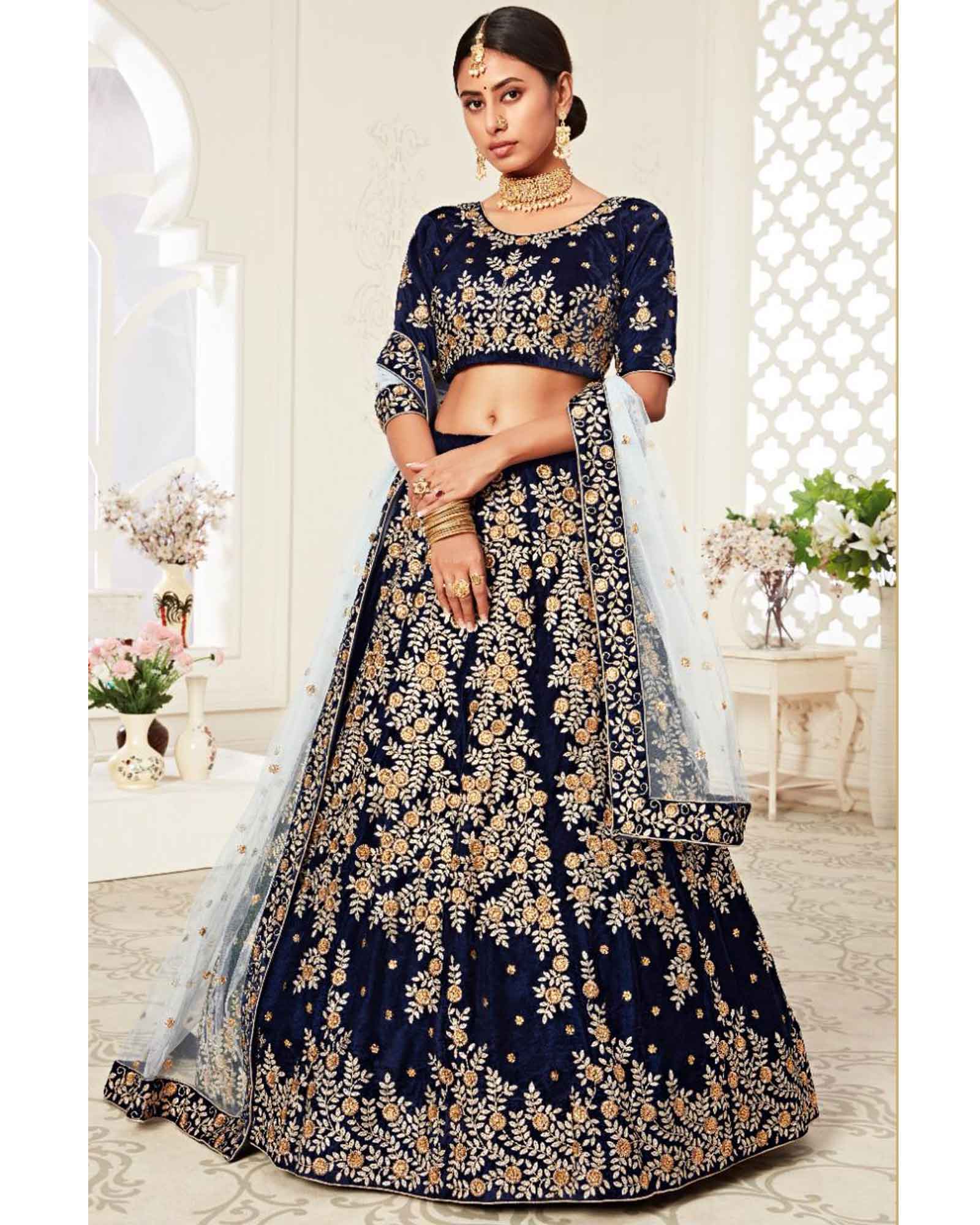 Navy Blue Velvet Bridal Lehenga Choli