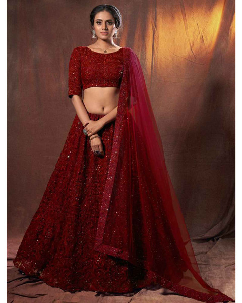 Maroon Net Designer All Over Embroidered Lehenga Choli with Sequins Work