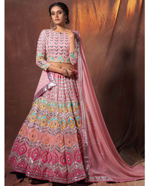 Pink and Mauve Shaded Georgette Applique Worked Lehenga Choli