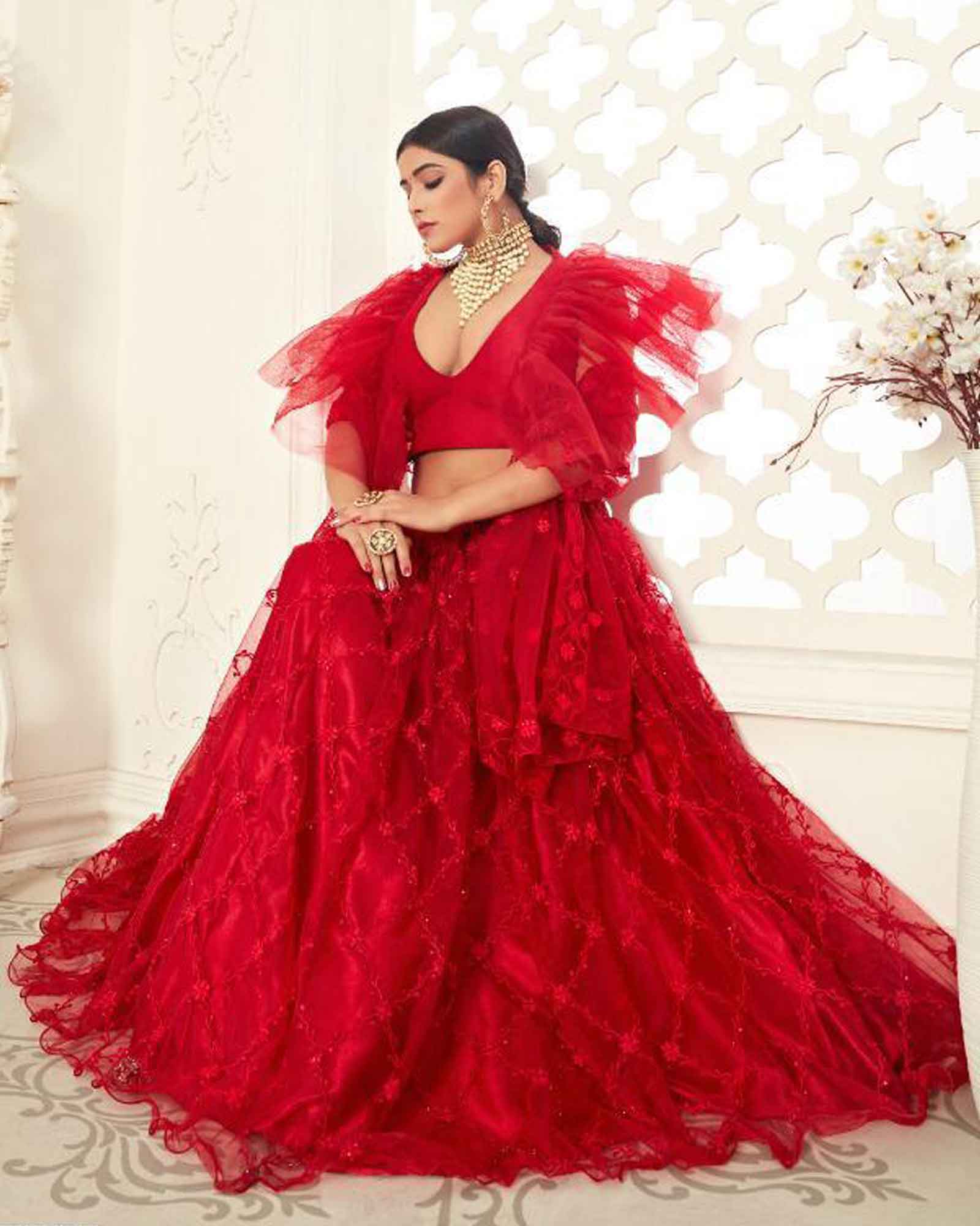 Lovely Red Georgette Engagement Wear Lehenga With Sequins Choli - Tulsi Art  - 4204102