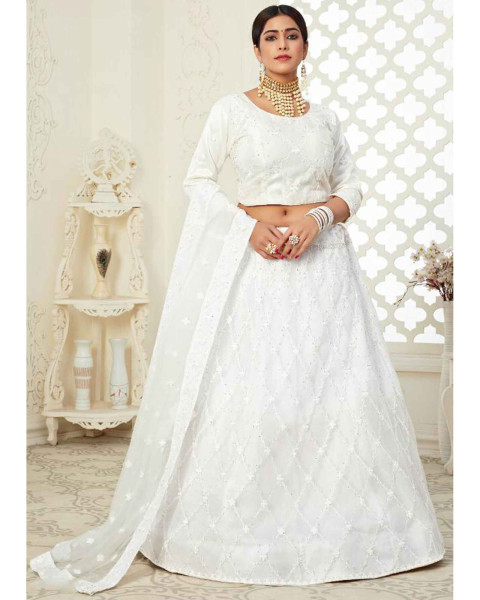White Butterfly Net Thread Embroidered Lehenga Choli with Dupatta