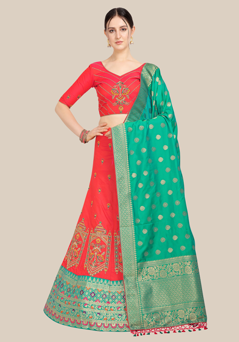 Red & Green Banarasi Semi Stitched Lehenga & Choli with Dupatta