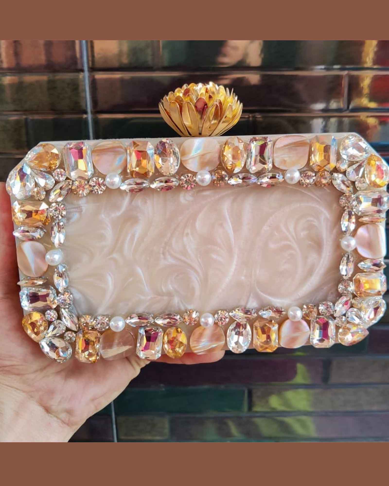 Pearl White Octagon Resin Clutch with Agate Stone