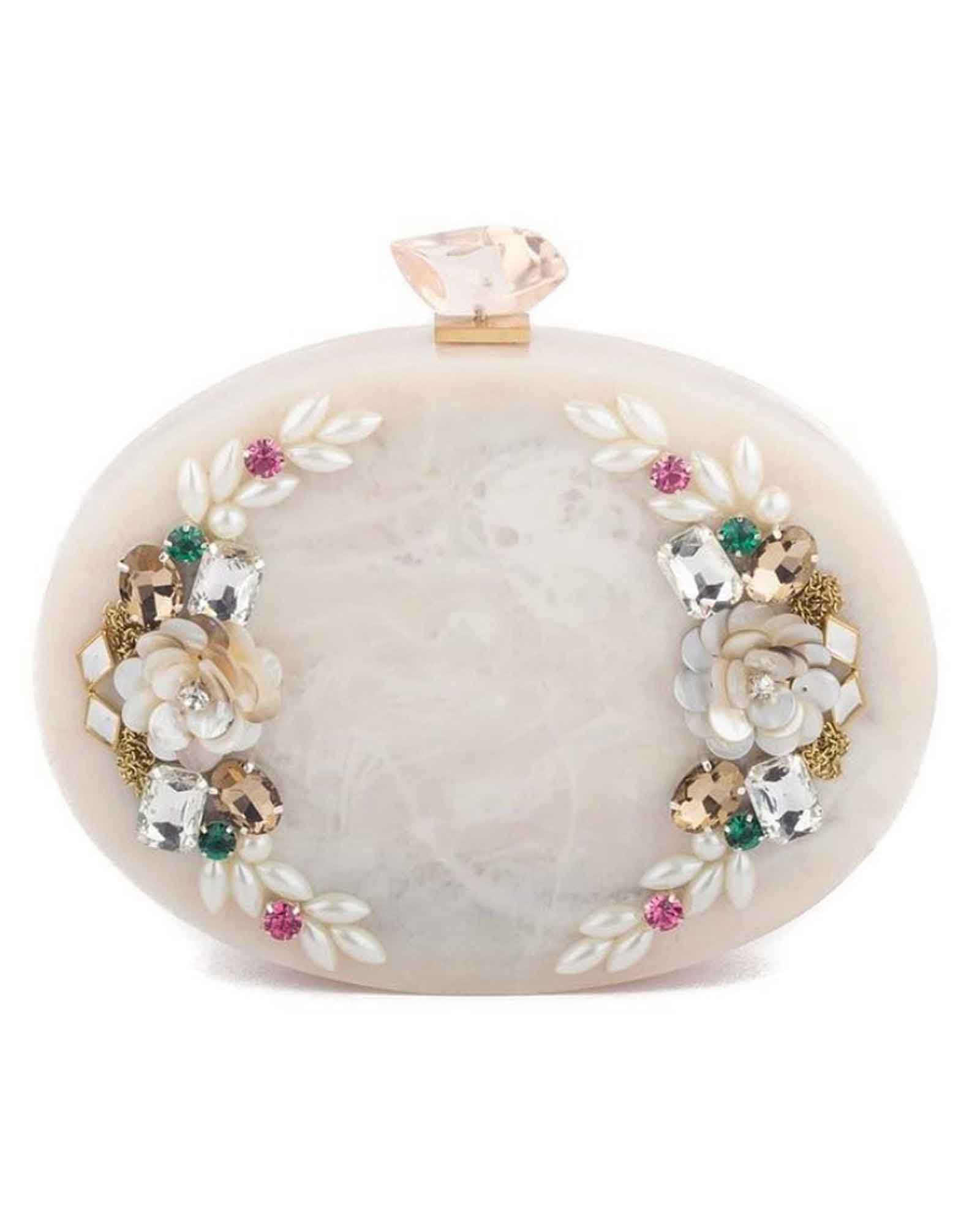 Oval White Pearl Designer Resin Clutch with Floral Embellishments 