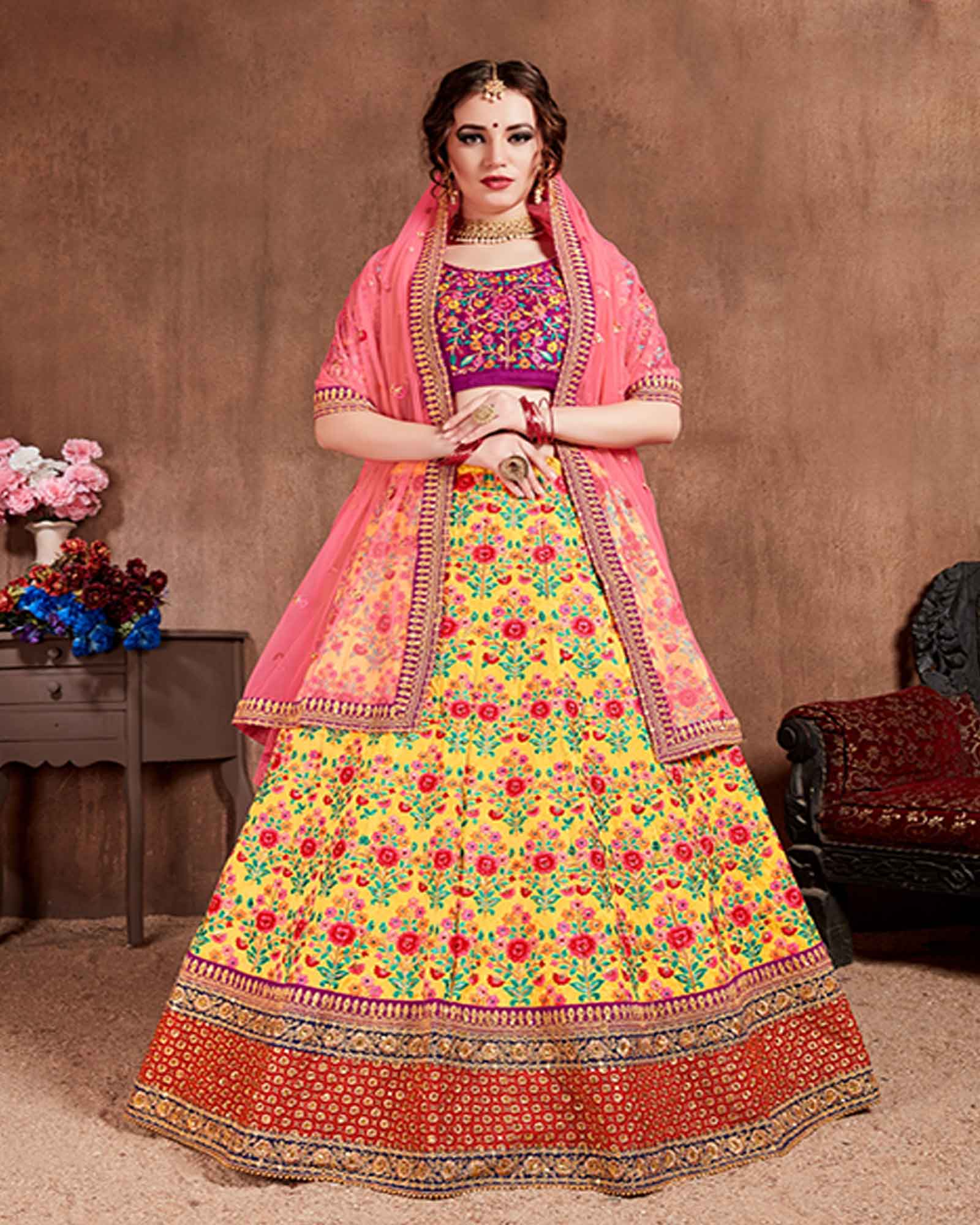 Yellow-Pink Colored Partywear Embroidered Mulberry Silk Lehenga Choli