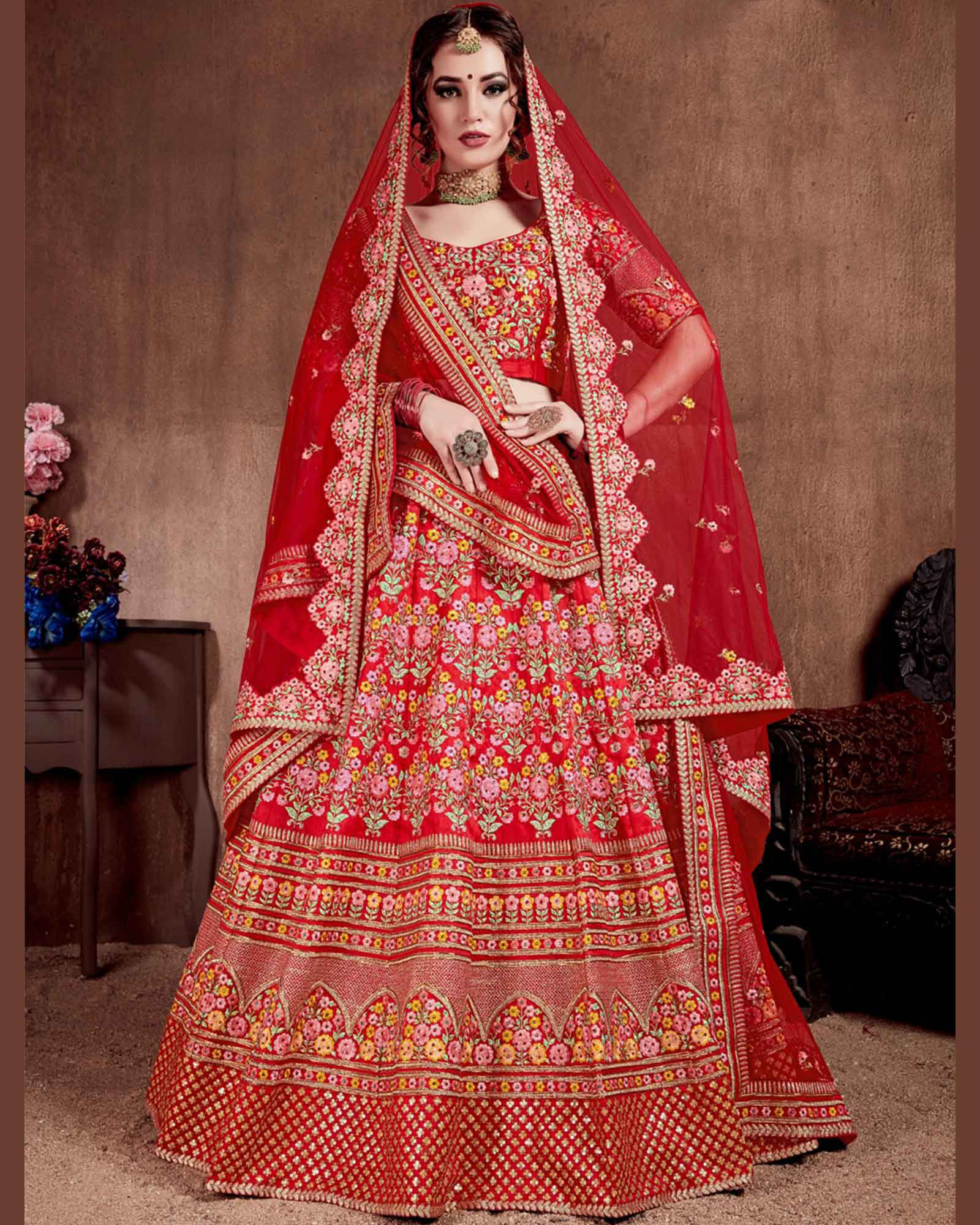 Red Colored Wedding Wear Embroidered Mulberry Silk Lehenga Choli