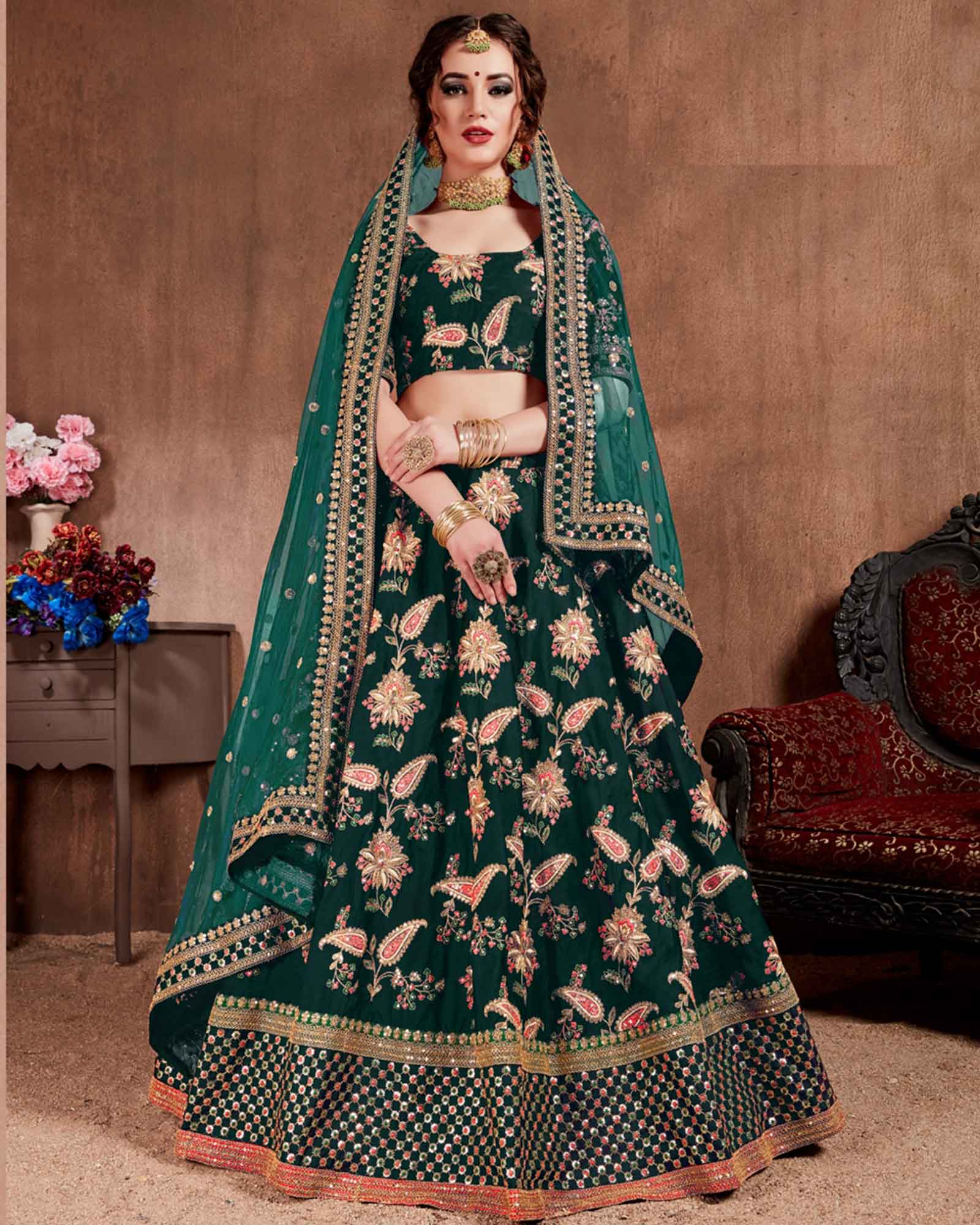Buy Bottle Green Lehenga Choli for Wedding, Green Silk Lehenga Choli,  Designer Lehenga Choli, Bridal Lehenga Choli Online in India - Etsy