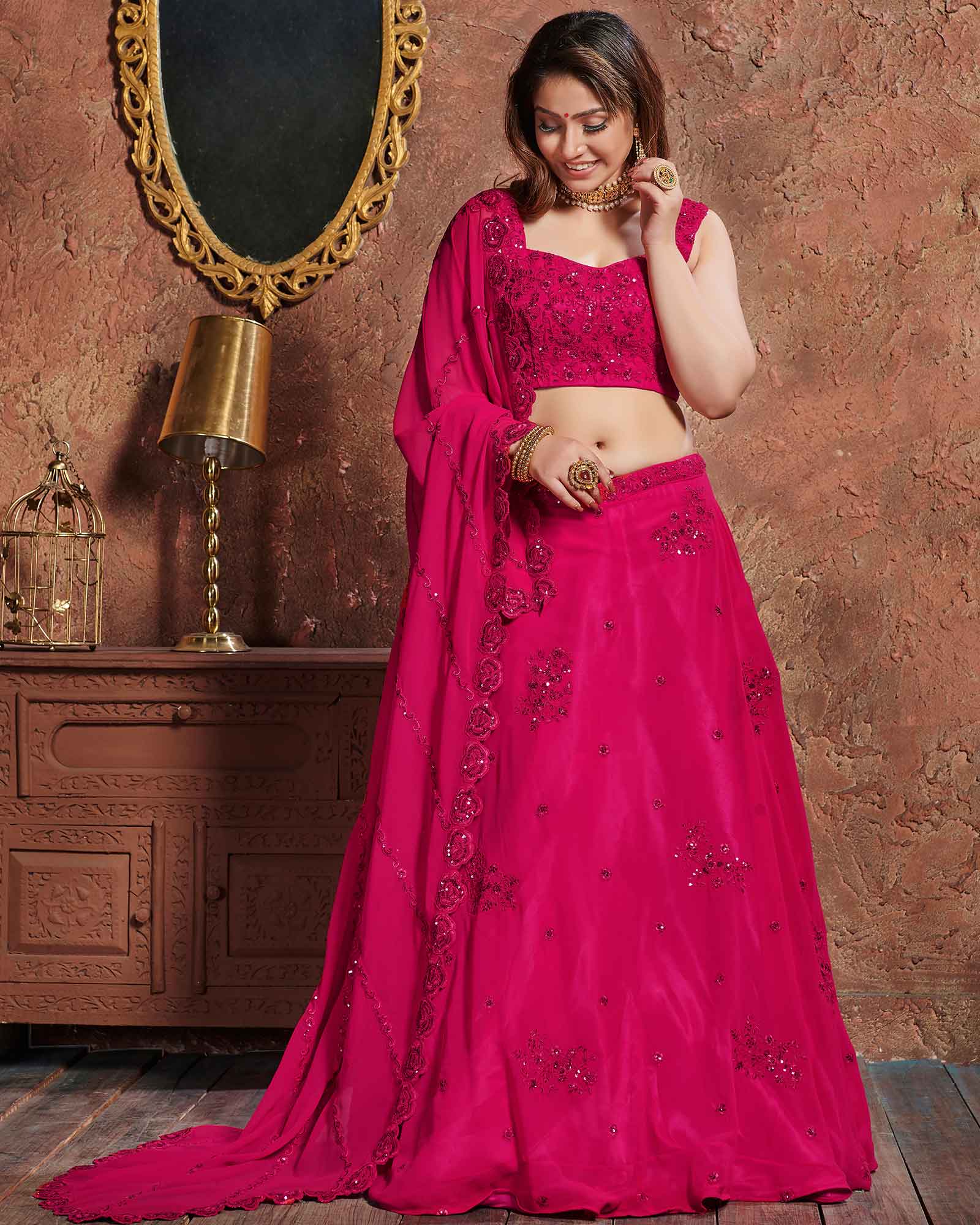 Dark Pink Wedding Wear Embroidered Georgette Lehenga Choli