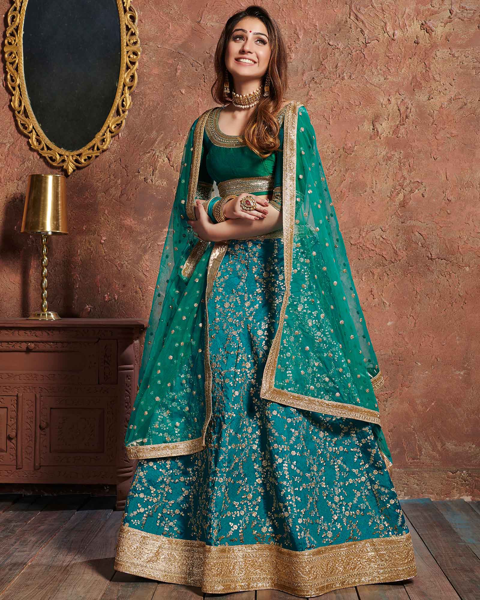 Turquoise Green Colored Wedding Wear Embroidered Art Silk Lehenga Choli