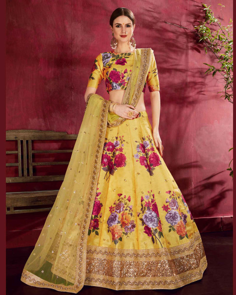 Yellow Bangalore Silk Flared Lehenga Choli with Digital Floral Motifs