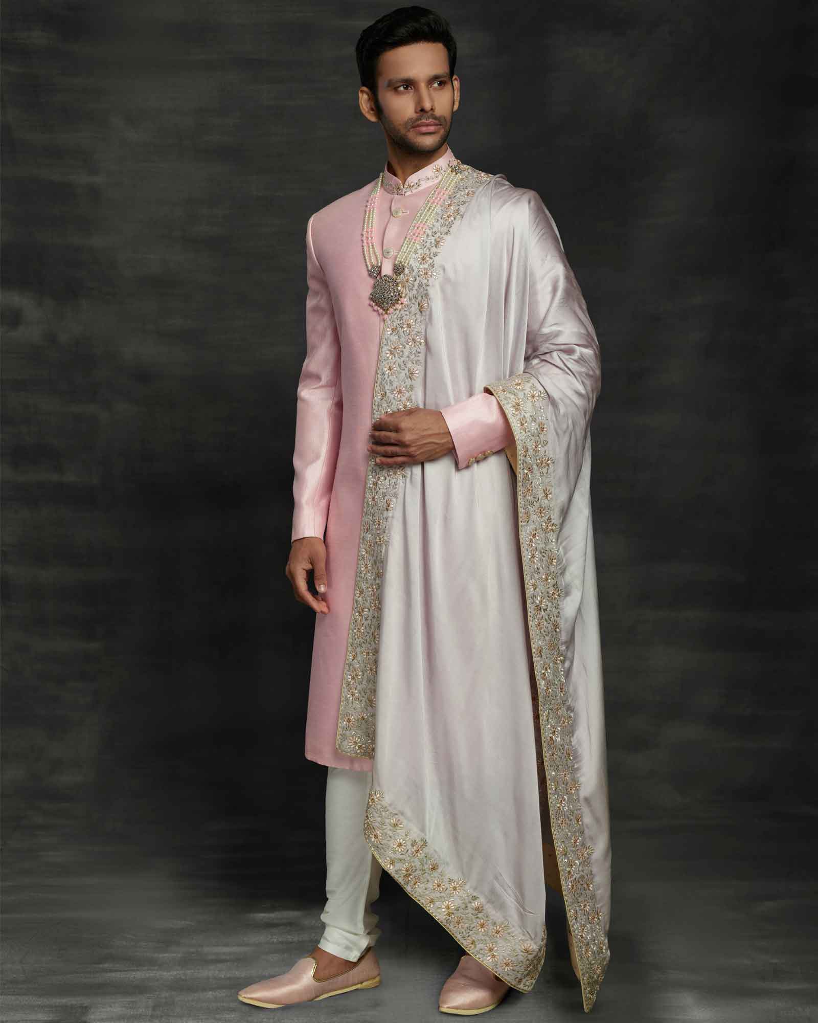 Baby Pink Thread Embroidered Silk Wedding Sherwani-SH1071