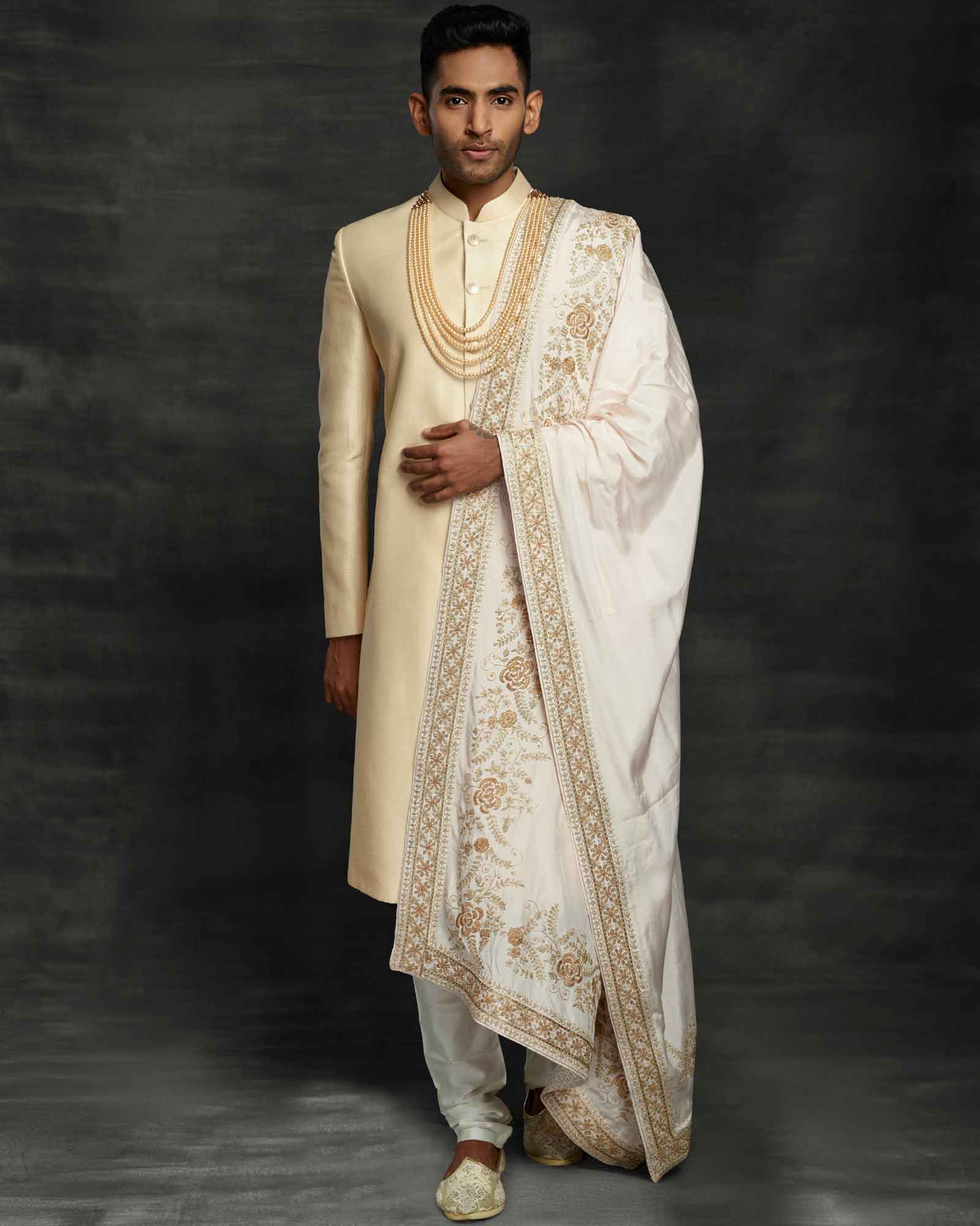 Beige Silk Wedding Sherwani - RCS2488