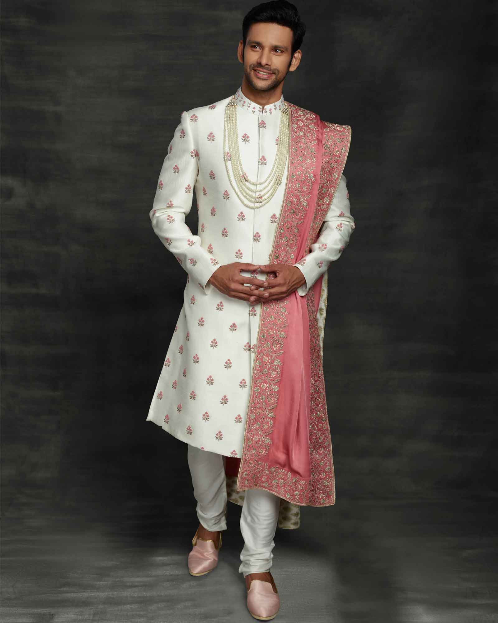 White Thread Embroidered Silk Wedding Sherwani - RCS2508