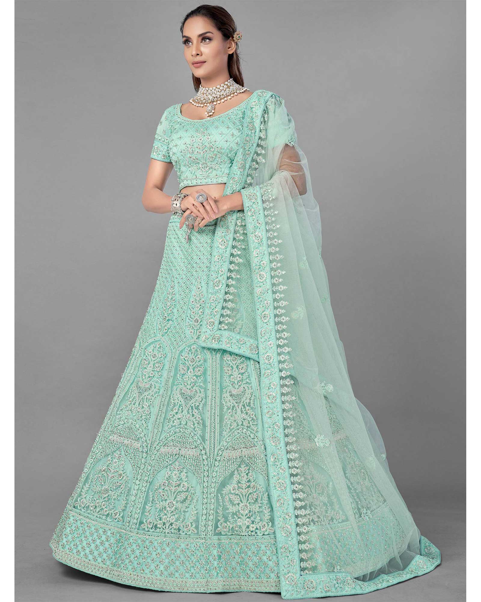 Mint Green Net Embroidered Lehenga Choli