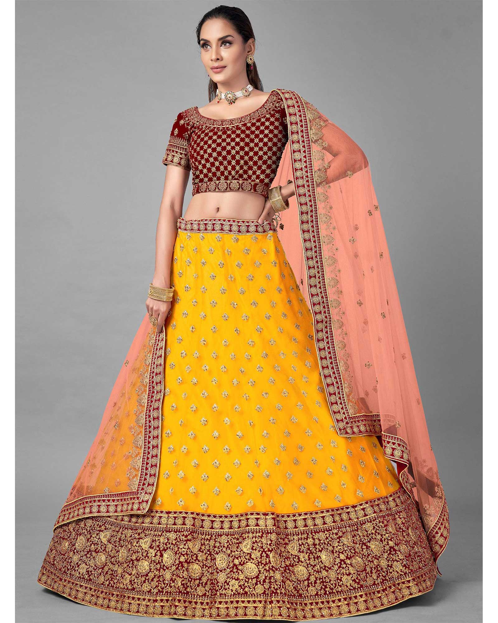 Bridal Yellow and Maroon Net Lehenga Choli