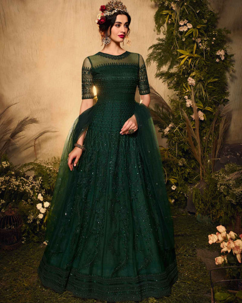 Buy Awesome Dark Green Silk Designer Party Wear Gown  Gowns