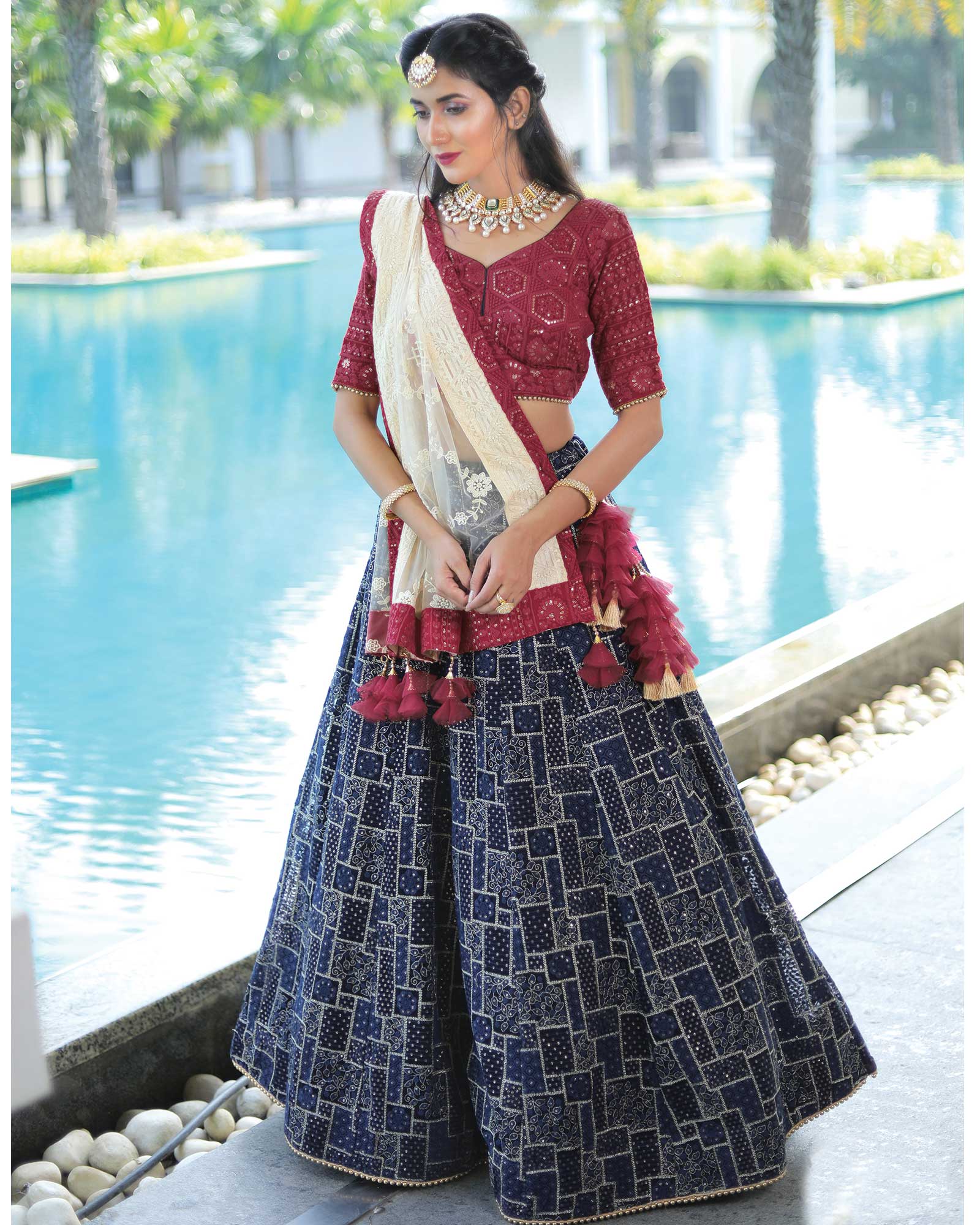 Maroon Georgette Chikankari Embellished Lehenga Set with Tassels