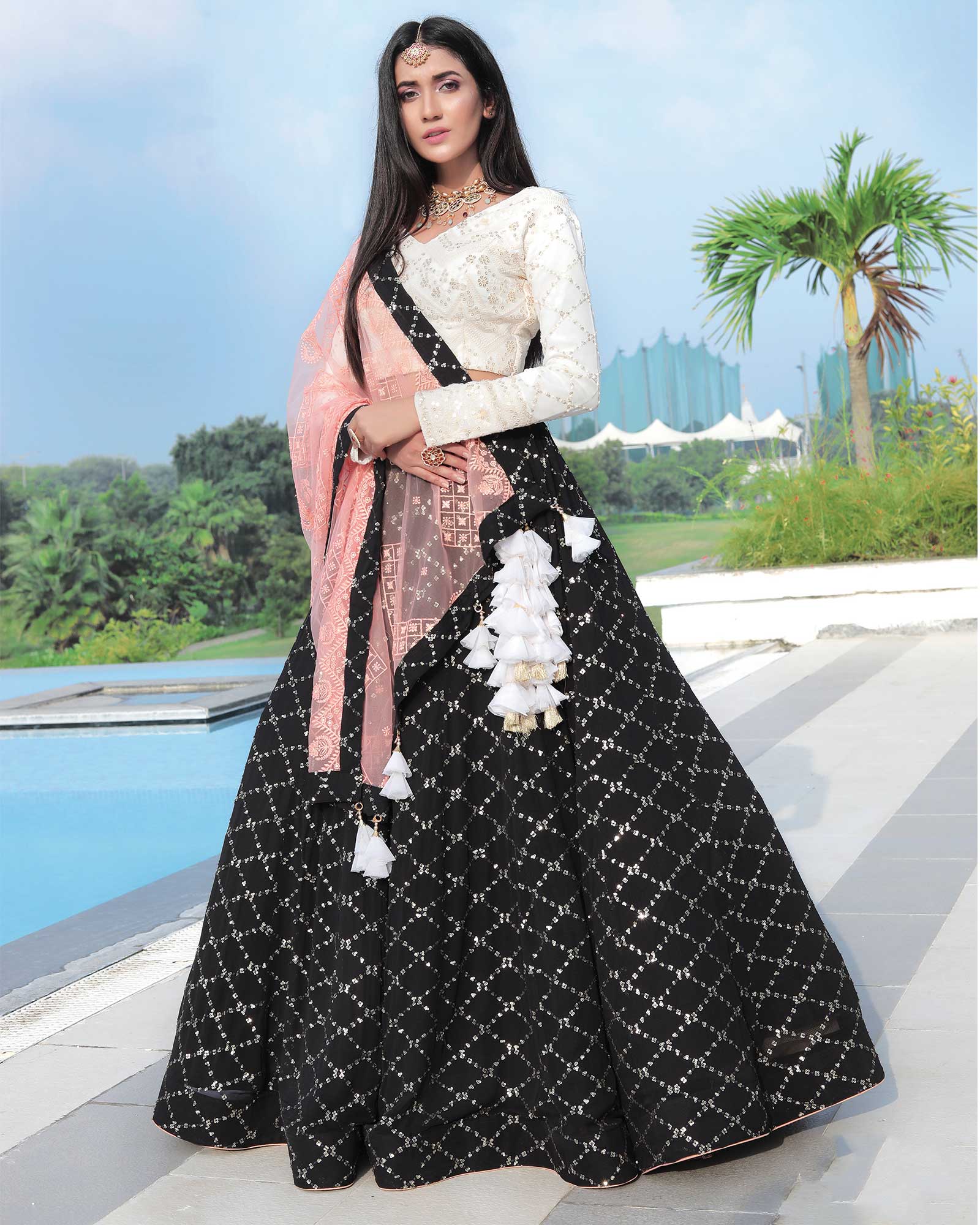 Black and White Semi stitched Lehenga and Unstitched Blouse With Dupatta -  ShopGarb - 3762941