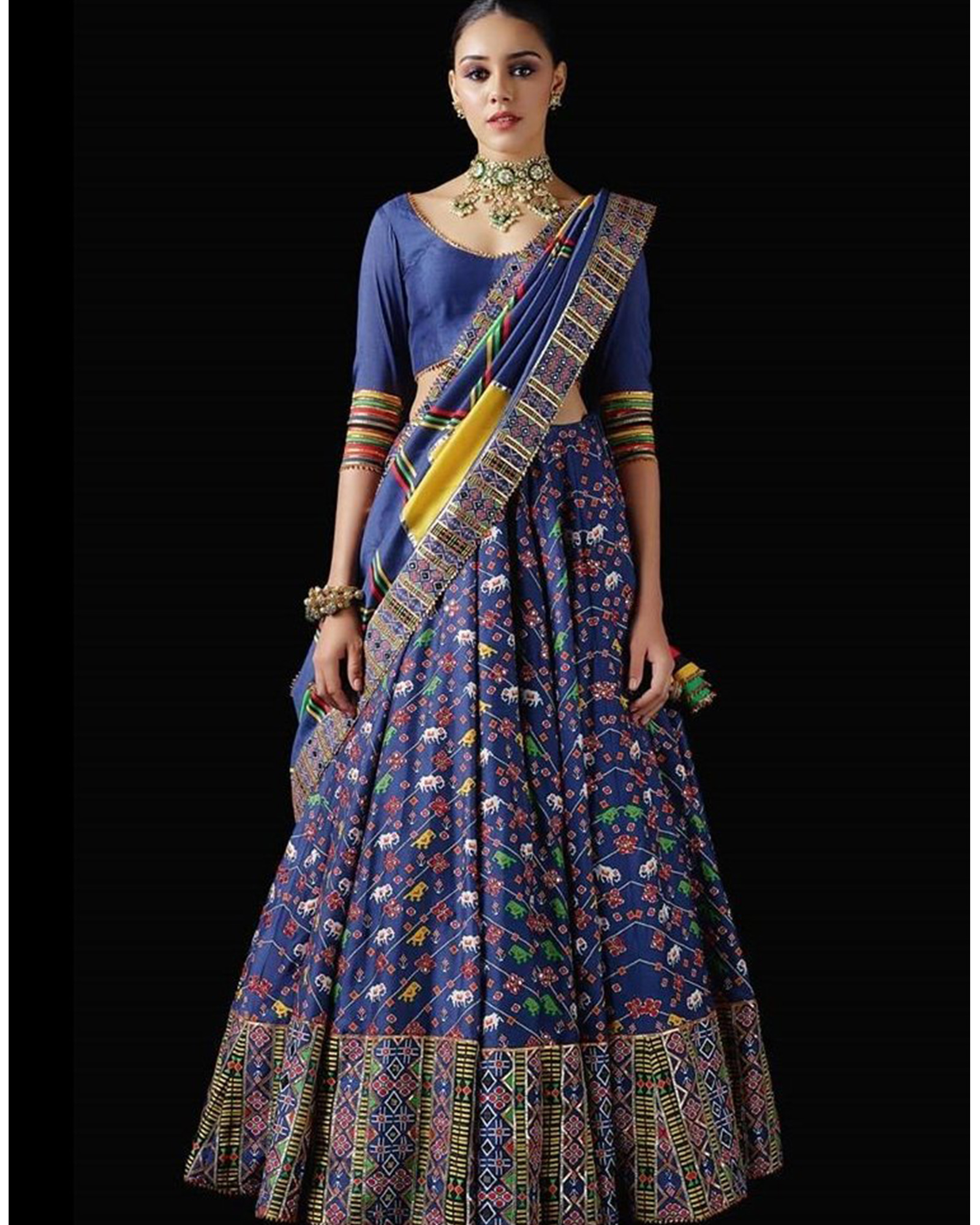 Blue Silk Printed Lehenga Choli With Bird And Elephant Motifs