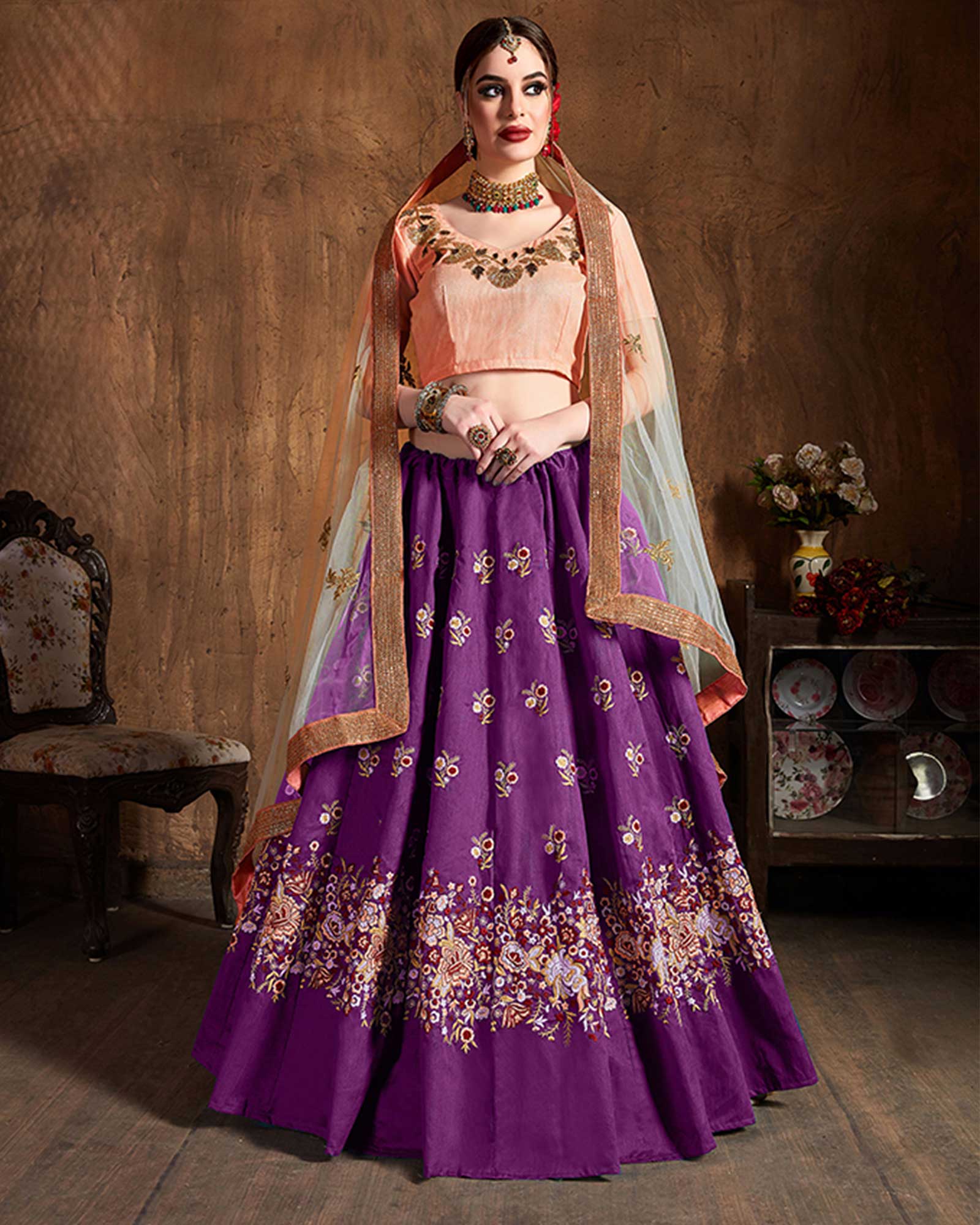 Purple Colored Floral Embroidered Banglori Silk Lehenga Choli