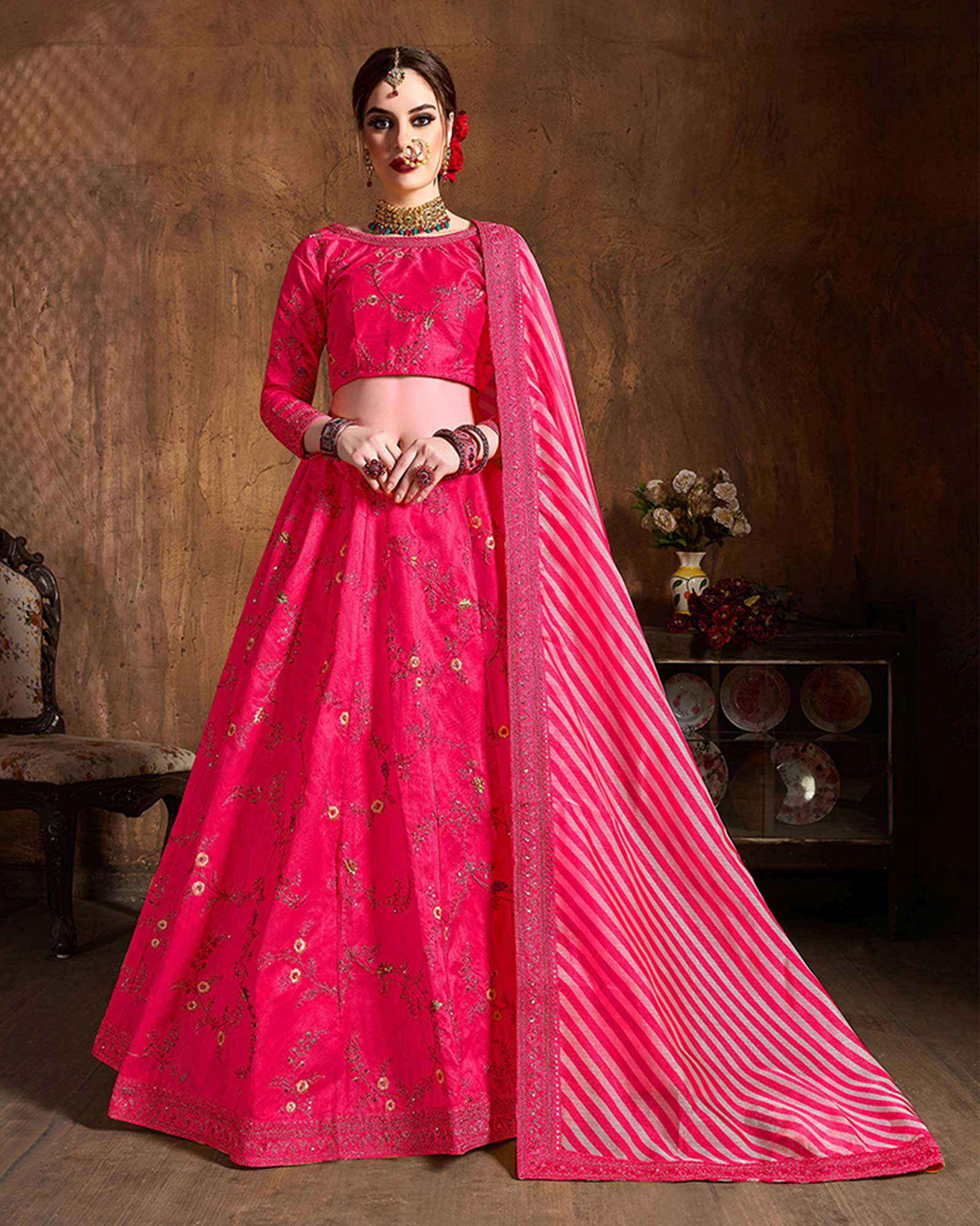 Exclusive Pink Embroidered Mulberry Silk Lehenga