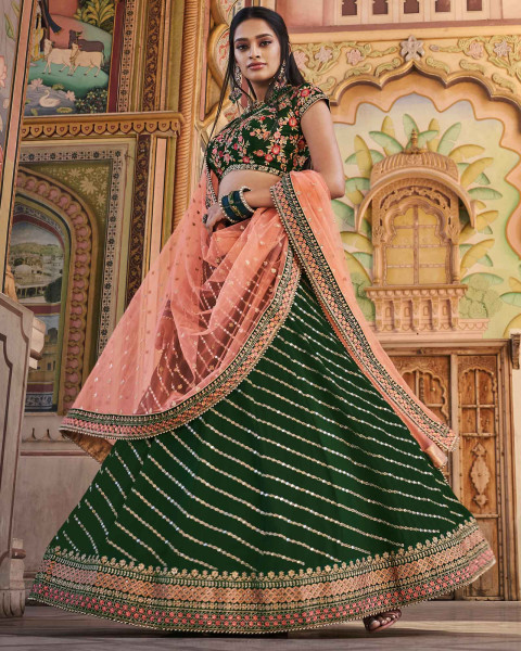 Green Contrast Lehenga Choli with Dupatta - Shafalie's Fashions