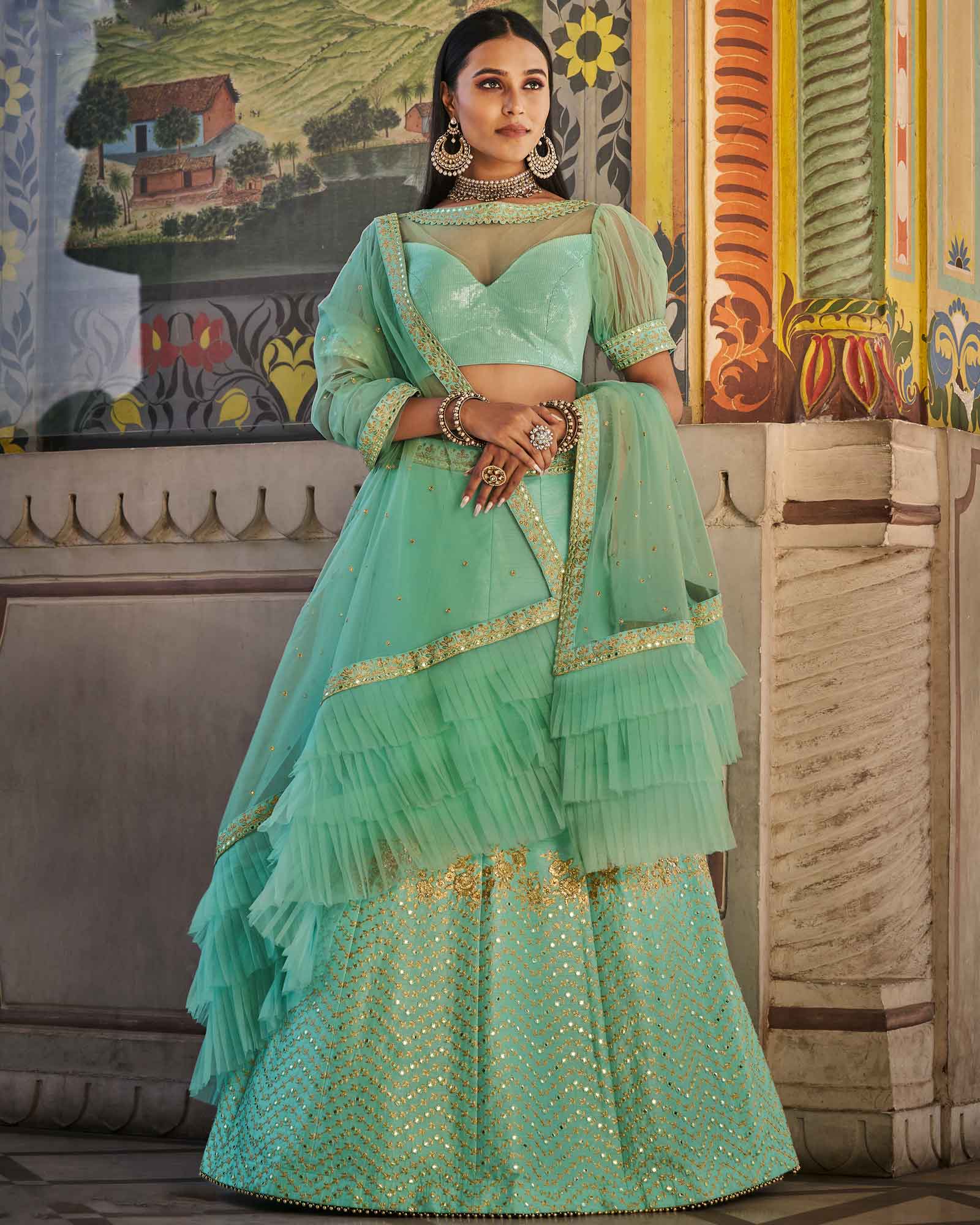 Light Blue Colored Wedding Wear Embroidered Art Silk Lehenga Choli