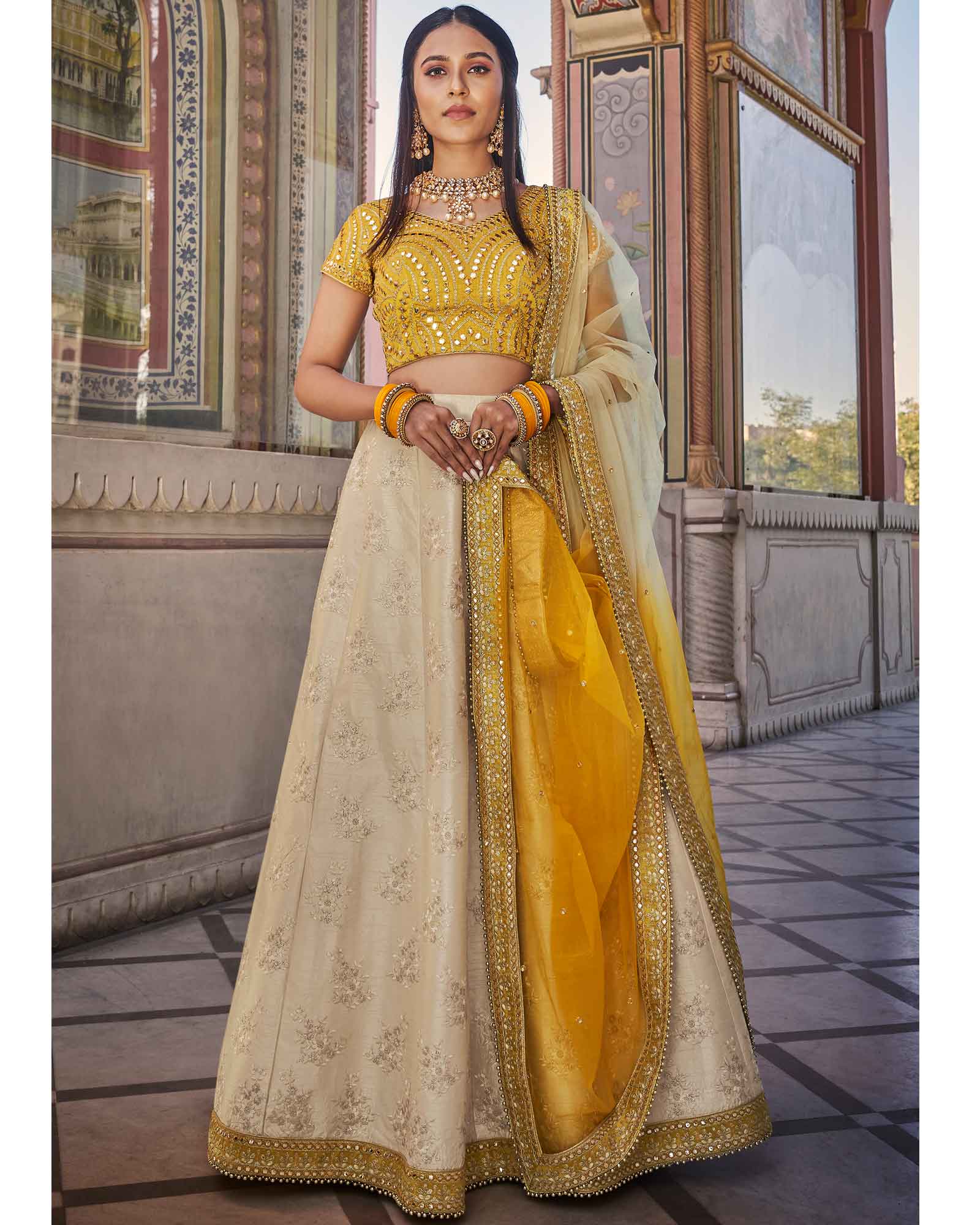 Beige Handloom Silk Bridal Wear Zari Embroidery Work Lehenga Choli