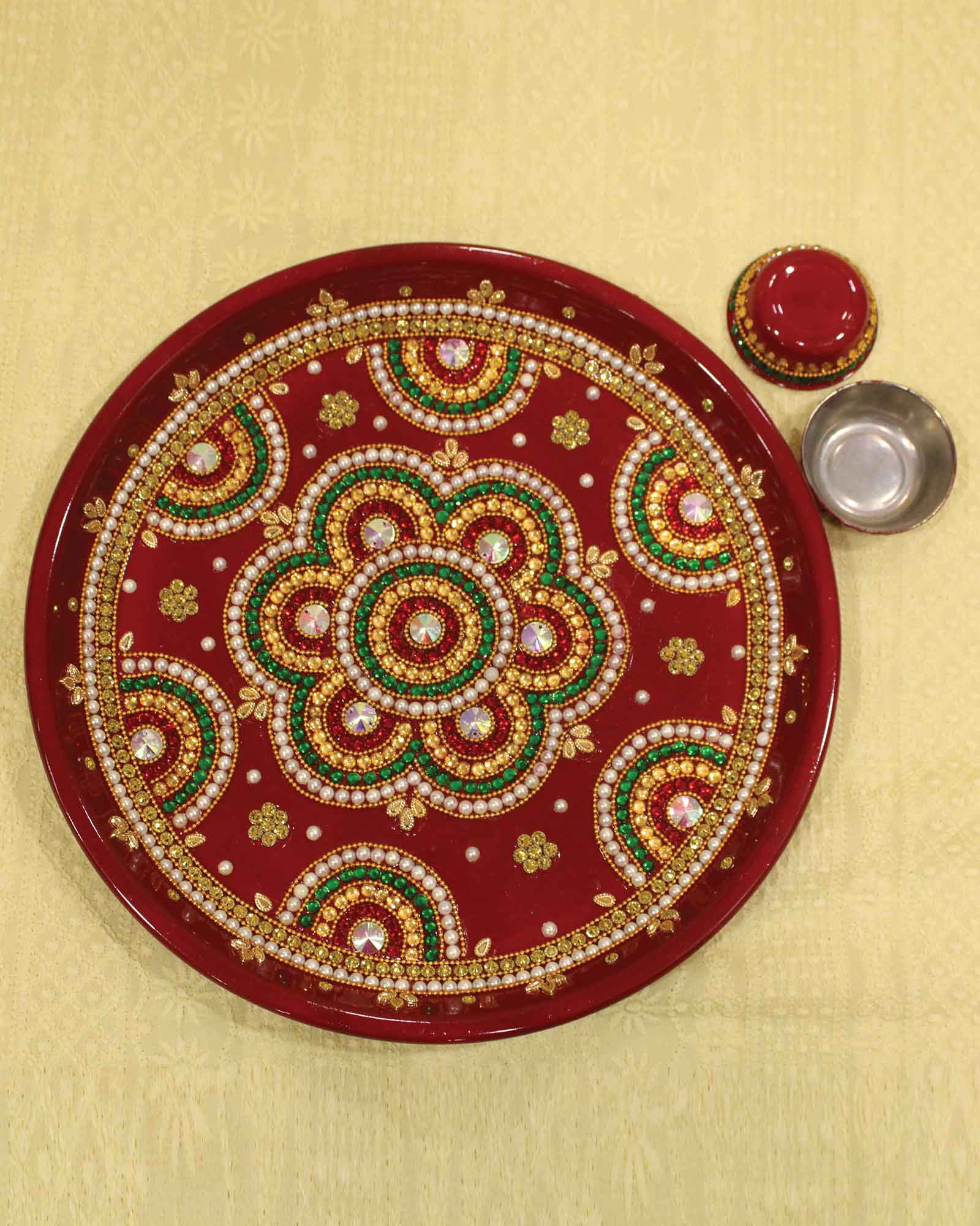 Red Steel  Aarti / Pooja Thali with Stone Work