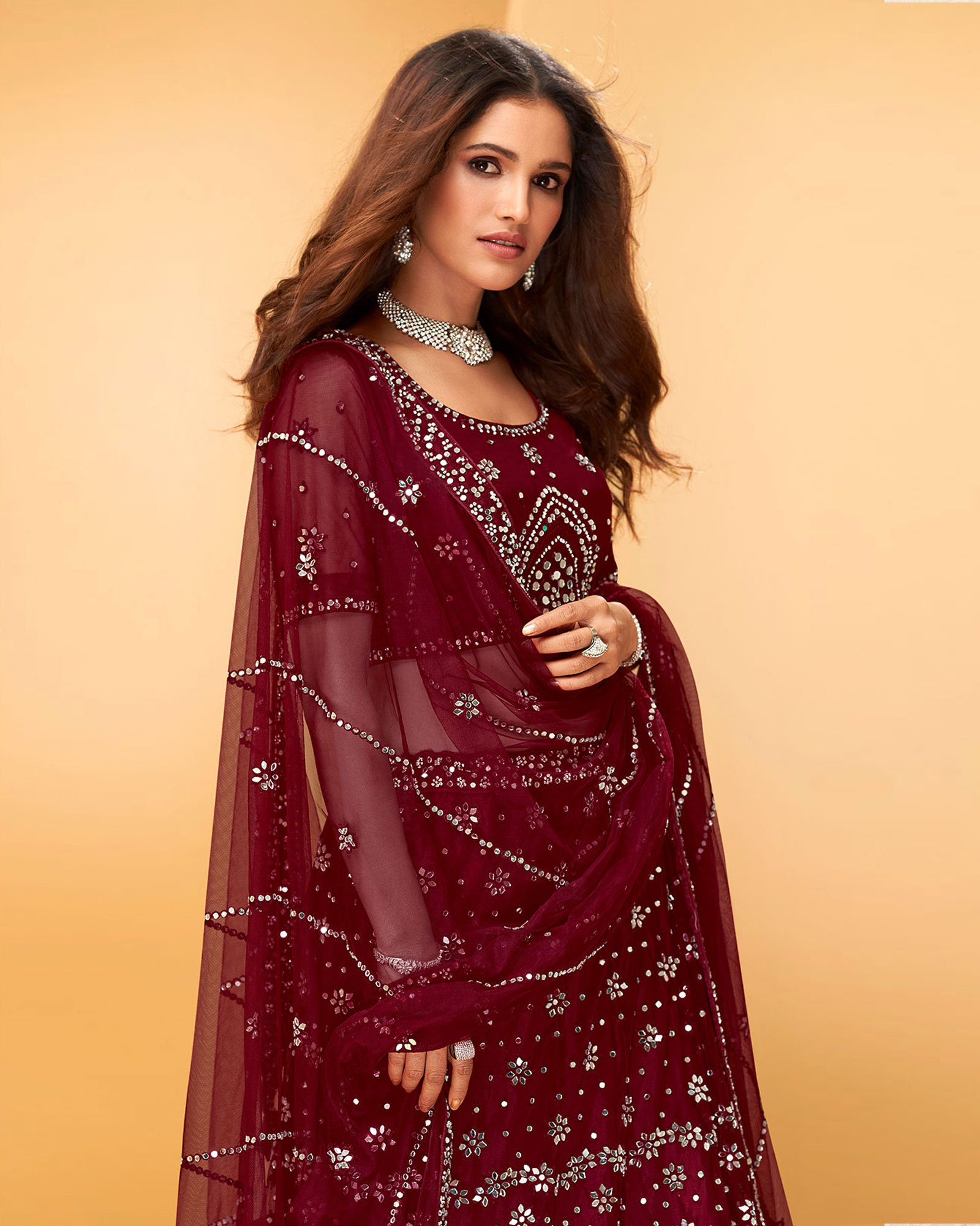 Maroon Mirror Work Net Wedding Wear Lehenga Choli